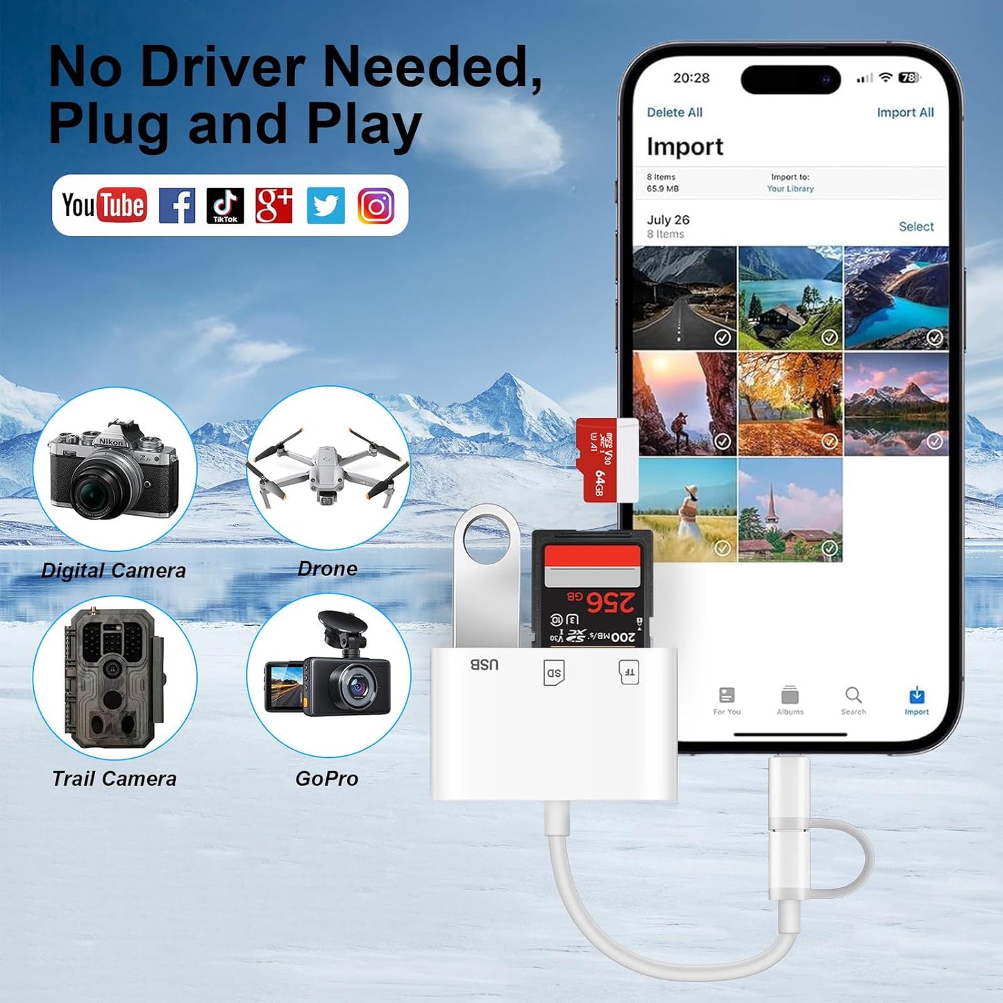 Denlane 3 SD Card Reader for iPhone iPad Mac, USB C and Lightning Dual Interface Memory Card Reader, Digital Camera