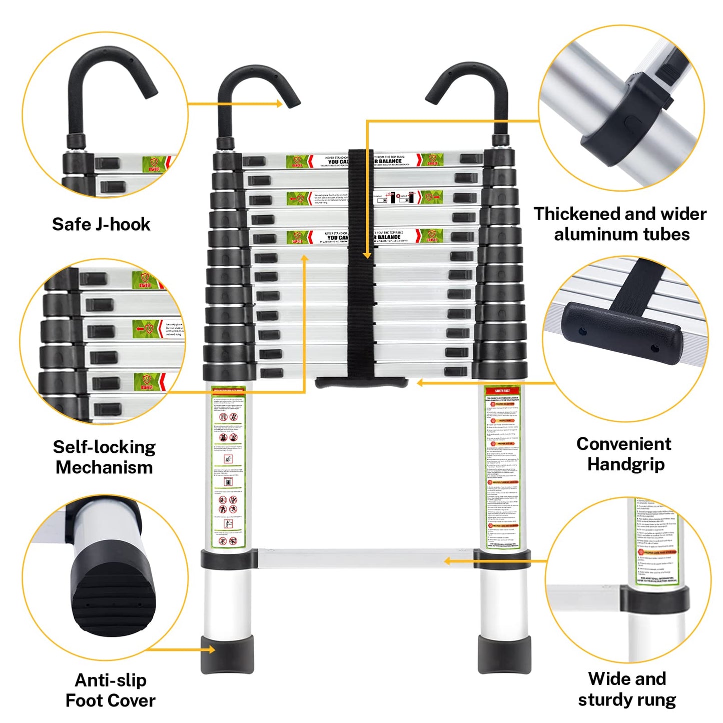 RIKADE Telescopic Ladder, 16.5 ft Aluminum Telescoping Ladder with Stable Hook and Non-Slip Feet, Portable Extension Ladder for Household and Outdoor Working, Max Load 330 lb, Aluminum