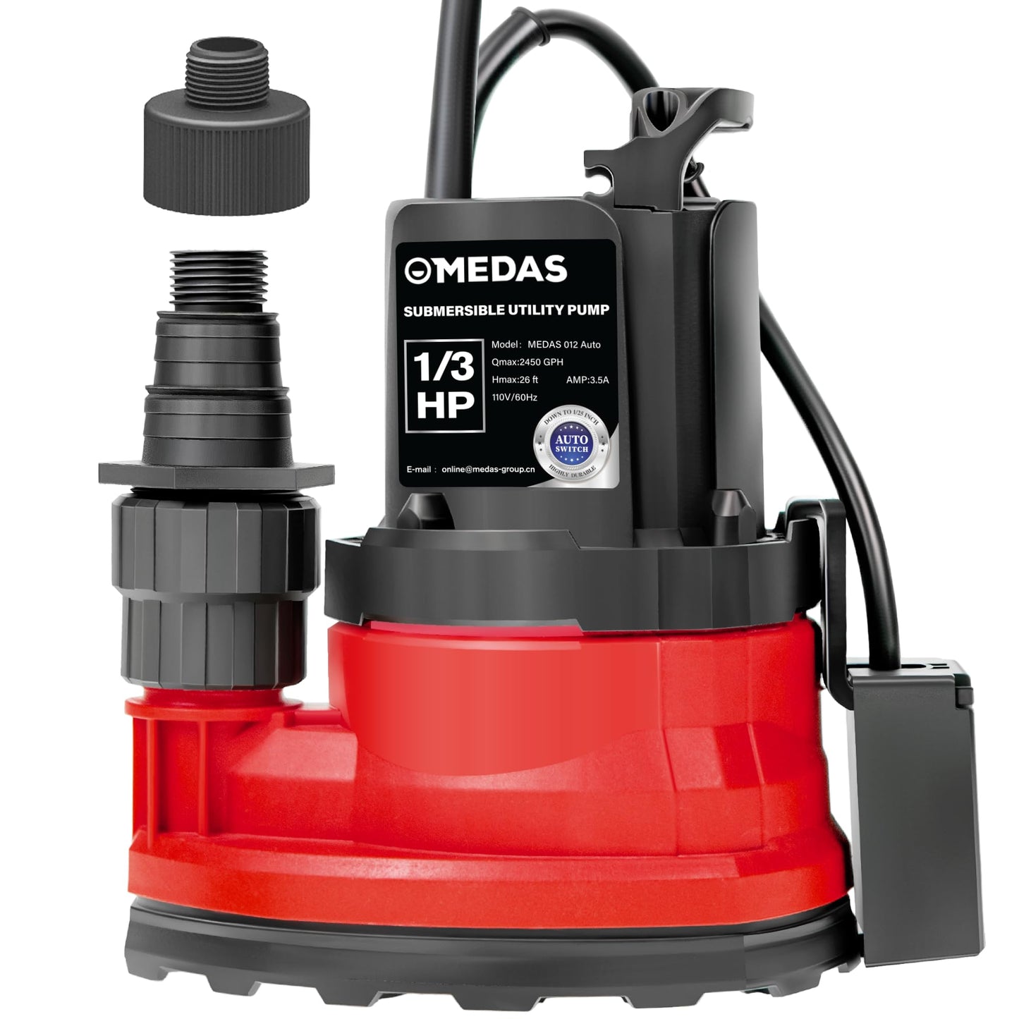 MEDAS Automatic Submersible Pump 1/3HP 2450GPH Sump Pump, Auto On/Off with Smart Sensor, Drains to 0.04", Portable Utility Water Pump for Basement, Pool, Garden Pond