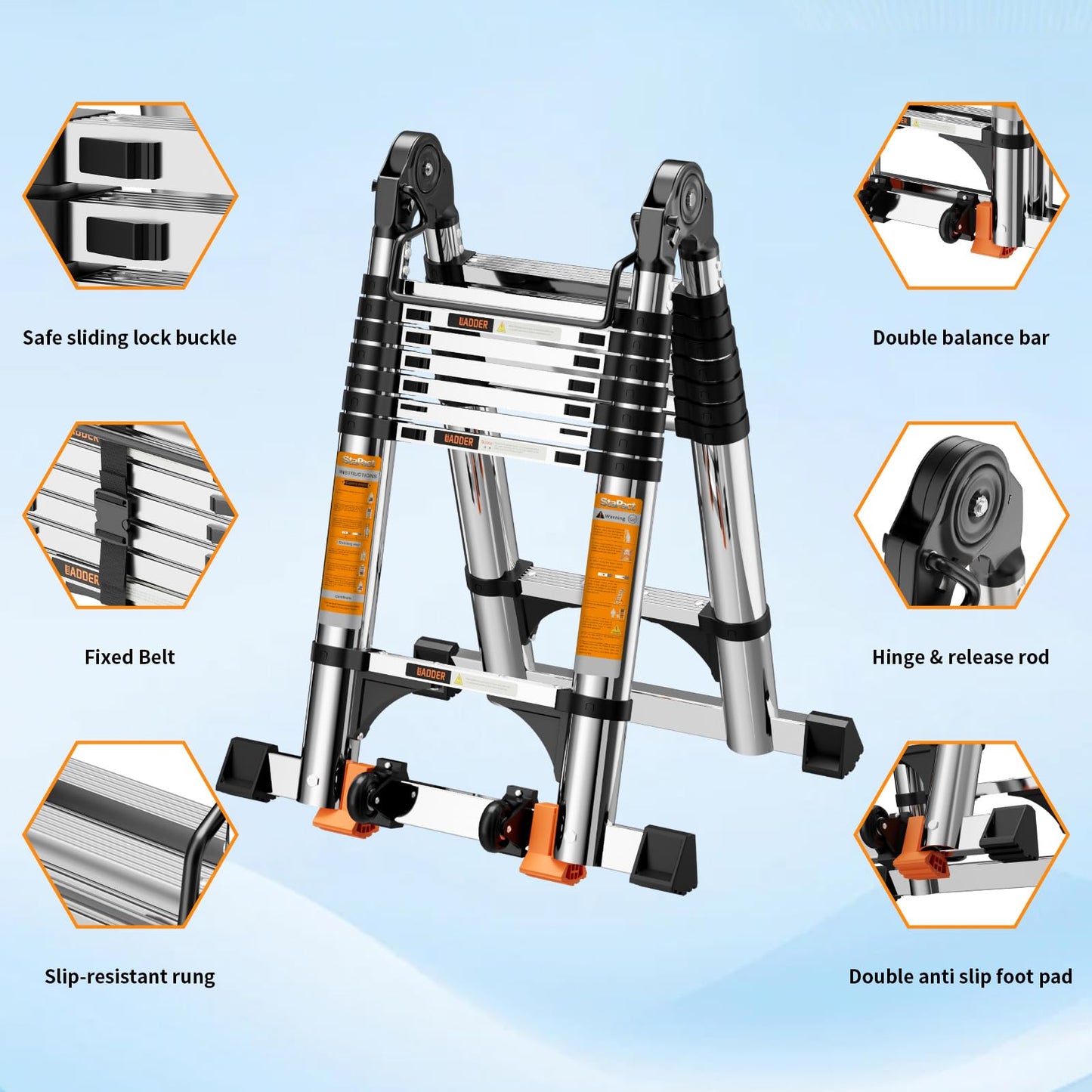 Telescoping Ladder A Frame,Telescopic Ladder for Home, Roof, RV，16.5 Ft Stainless Steel Extension Ladder with Dual Balance Bars,Wheels and 2 Triangle Stabilizers，330 lb Capacity (16.5FT-A Frame PRO)