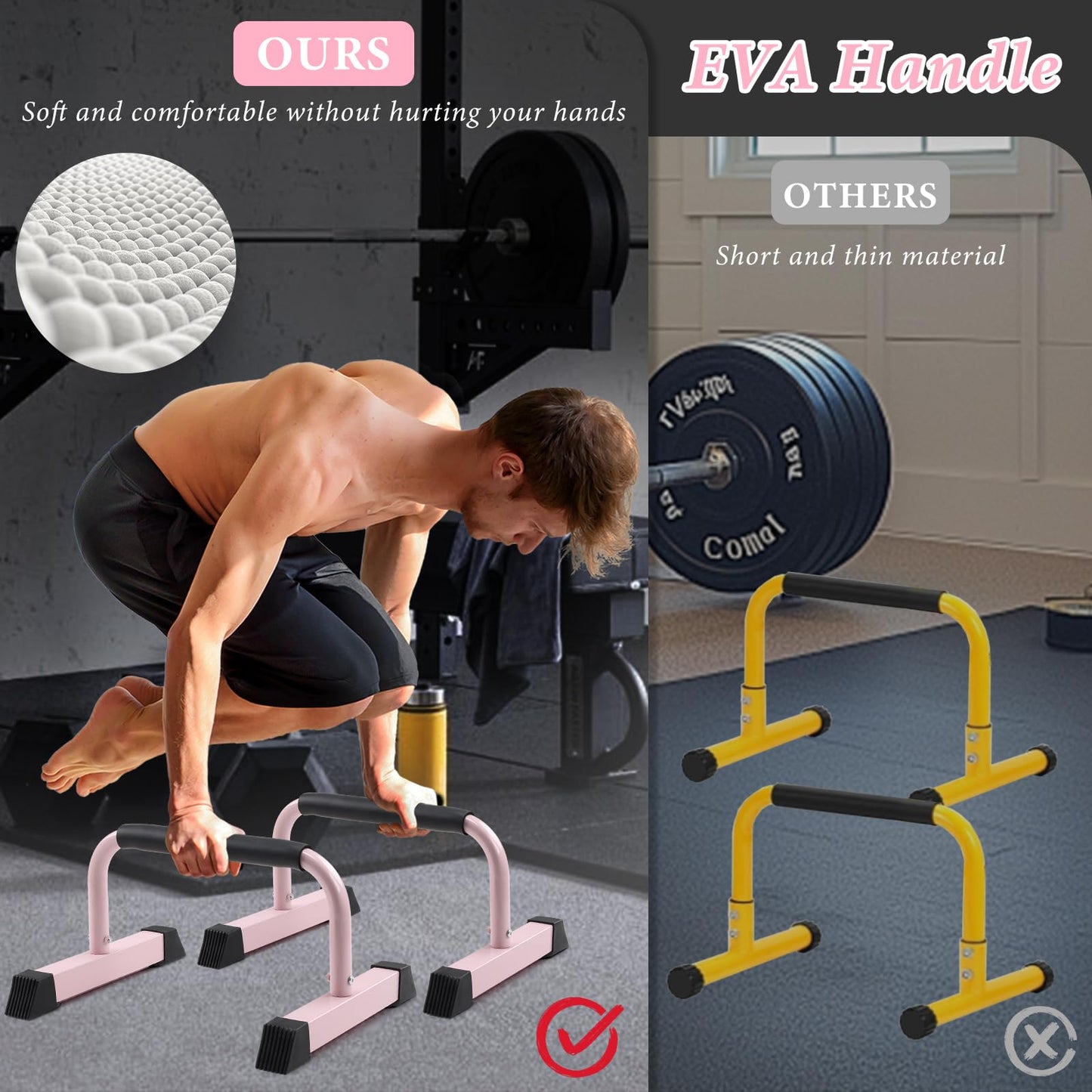 Push Up Bar, 700 LBS Potable Dip Bar with EVA Handle for Home GYM Gymnastics Calisthenics Equipment Apartment Courtyard Balcony Exercise Fitness Upper Body Arm Back Man Woman Kid (Pink)