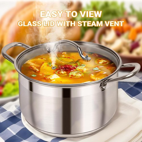 Kirecoo Stainless Steel Stock Pot - 8 Quart Heavy-Duty Induction Cookware with Visible Lid for Pasta & Soup
