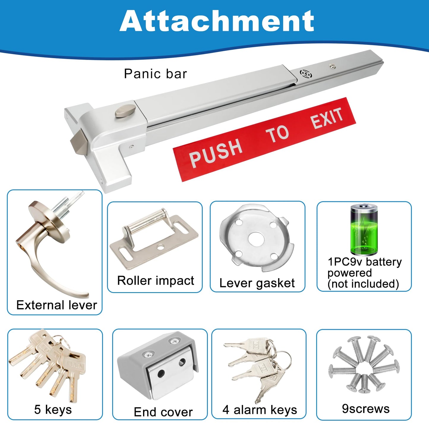 suermany Commercial Door Push Bar Panic Exit Device with Exterior Lever， with Alarm, 27.5” Stainless Steel Panic Bars for Exit Doors, Panic Bar Emergency Door Hardware for Wood Metal Doors
