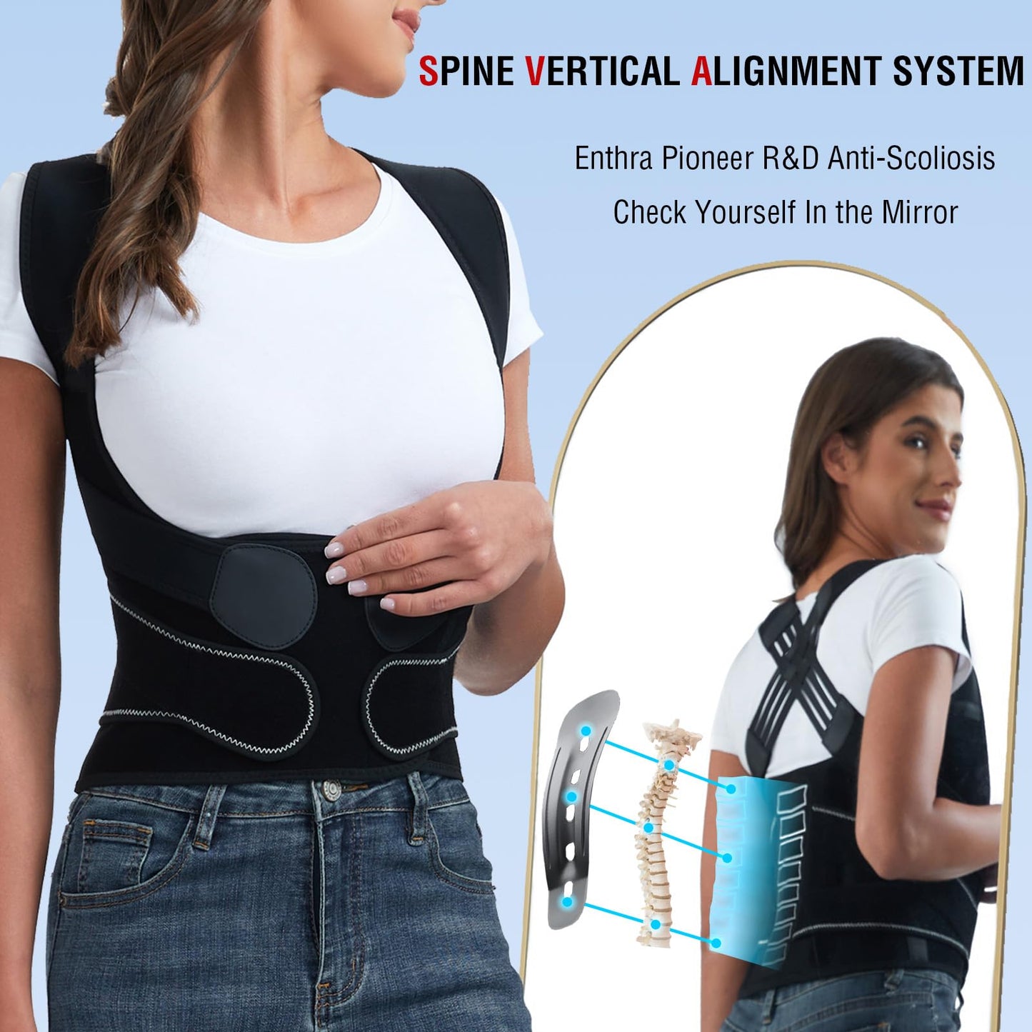 Enthra Back Brace Posture Corrector for Women and Men with Spine Vertical Alignment System, Lower Back Pain Relief, Back Straighter Instant Posture Corrector - Scoliosis (Black, Small (Waist 24"-32"))