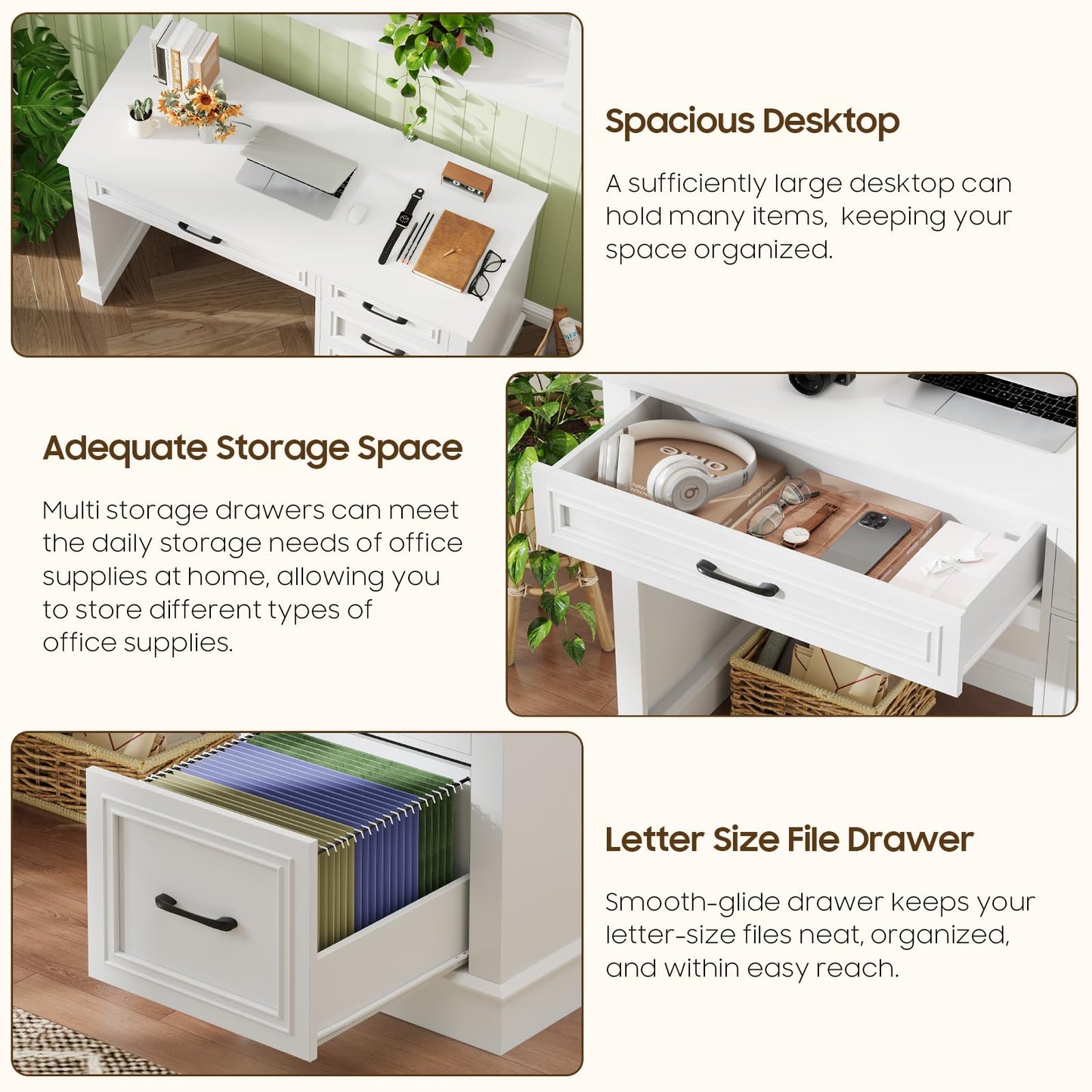 Halitaa Farmhouse 47" Executive Desk with File Drawer, Computer Desk with 4 Drawers, Workstation for Writing, Study, Home Office, Cream White.