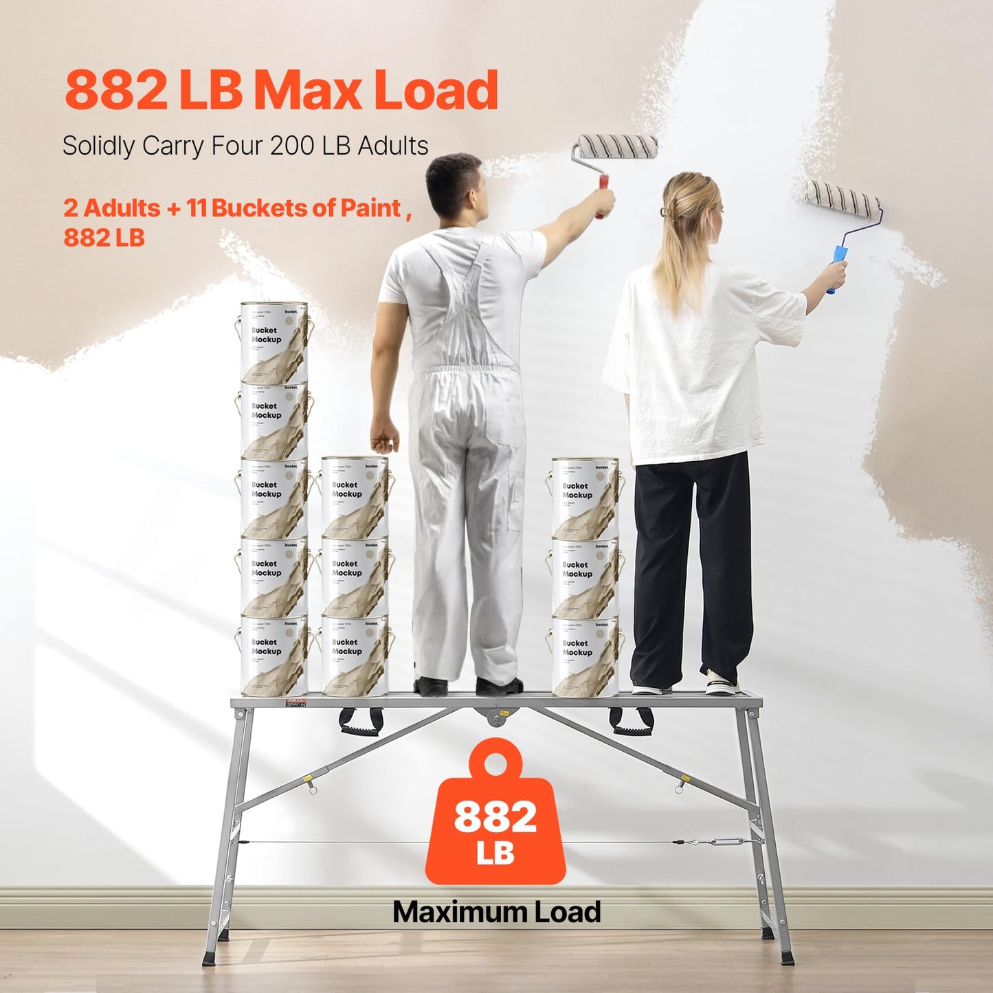 VEVOR Work Platform, 63"x 15" Portable Scaffolding Platform, Folding Steel Step Ladder Adjustable Height 31.5”-50.1”, 800 lbs Load Capacity, Non-Slip Drywall Painting Stool for Cleaning &Washing