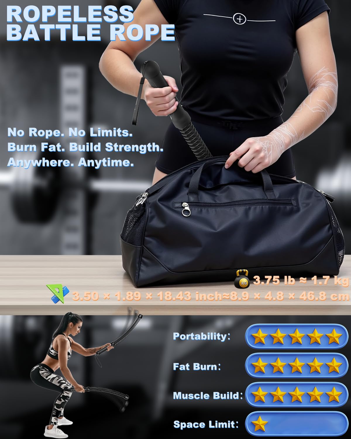 Ropeless Battle Ropes for Home Gym: 2PCS Upgraded Weighted Portable Cordless Battle Ropes for Strength Building, Workout, HIIT and Low-Impact Aerobic Training for Men & Women, Black