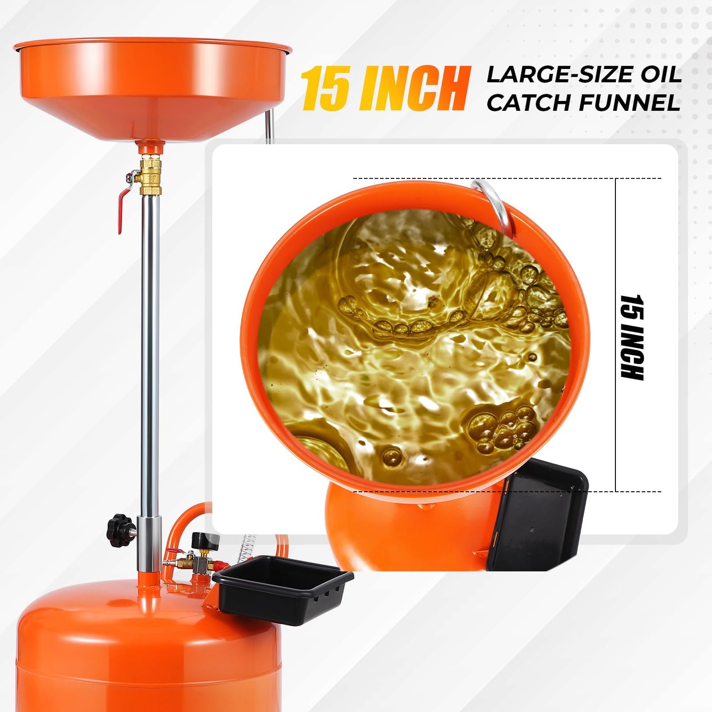 20 Gallon Waste Oil Drain Tank, Portable Air Operated Drainer With Adjustable Funnel Height 38"-65", Portable Oil Drain Container,15" Funnel Fluid Fuel Transfer Drainage With 360° Wheels & Toolbox