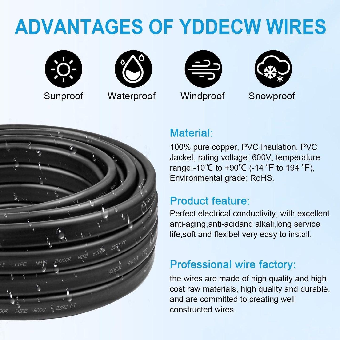 YDDECW 6/3 NM-B Wire with Ground - 50FT 6 Gauge Non-Metallic Sheathed Cable Pure Copper 6 AWG 3 Conductor Residential Indoor Wire for Outlets, Switches and Other Loads etc.