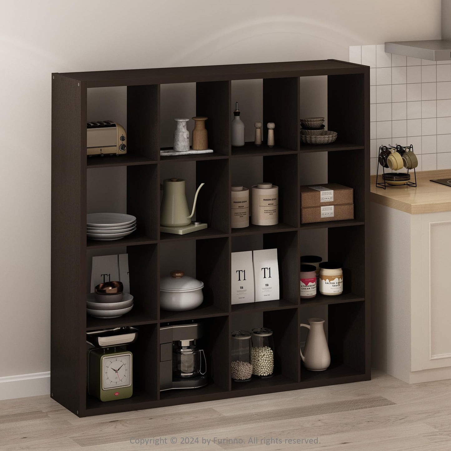 Furinno Simple Cube Storage Organizer, 16-Cube Display Shelf, Open Back Shelving Unit, Storage Shelves, Extra Thick Frame, for Organization and Storage, Living Room, Home Office, Black Dark Oak
