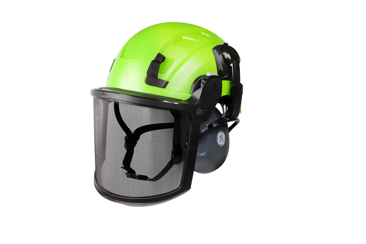 Complete Safety Gear Set: GE Safety Helmet, Full Face Mesh Visor Kit & Cap Mounted Earmuff – Impact Protection | Noise Reduction | Enhanced Comfort for Construction and Industrial Work. (Green)