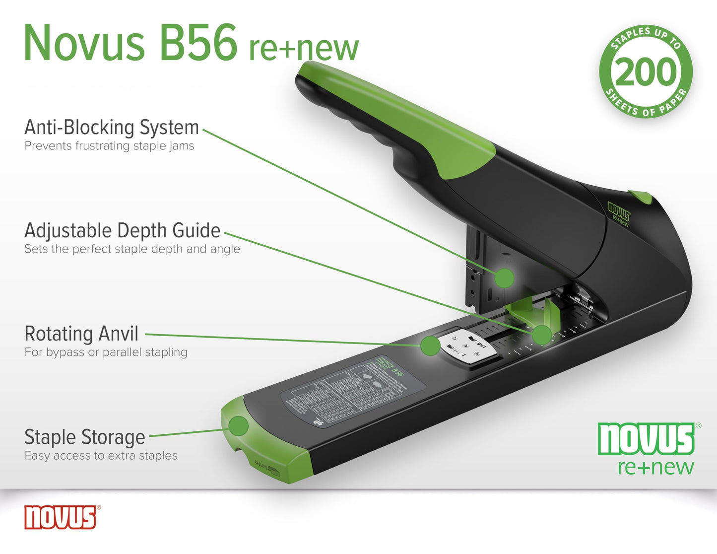 Novus B56 re+New Heavy Duty Stapler, 200 Sheet Capacity, Made of 82% Recycled Plastic, German Engineered, Adjustable Guide, 25 Yr. Warranty, Black (023-0066)