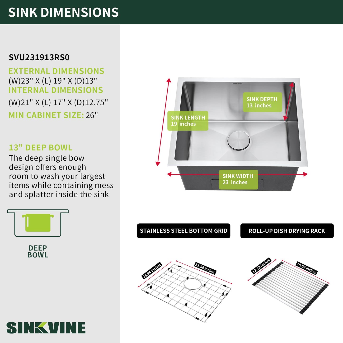 SINKVINE 23-inch Undermount Laundry Utility Sink - 23x19x13 Extra Deep Stainless Steel Single Bowl Basin with Drain Strainer, Bottom Grid & Drying Unit for Laundry Room, Outdoor, Garage, Kitchen Use