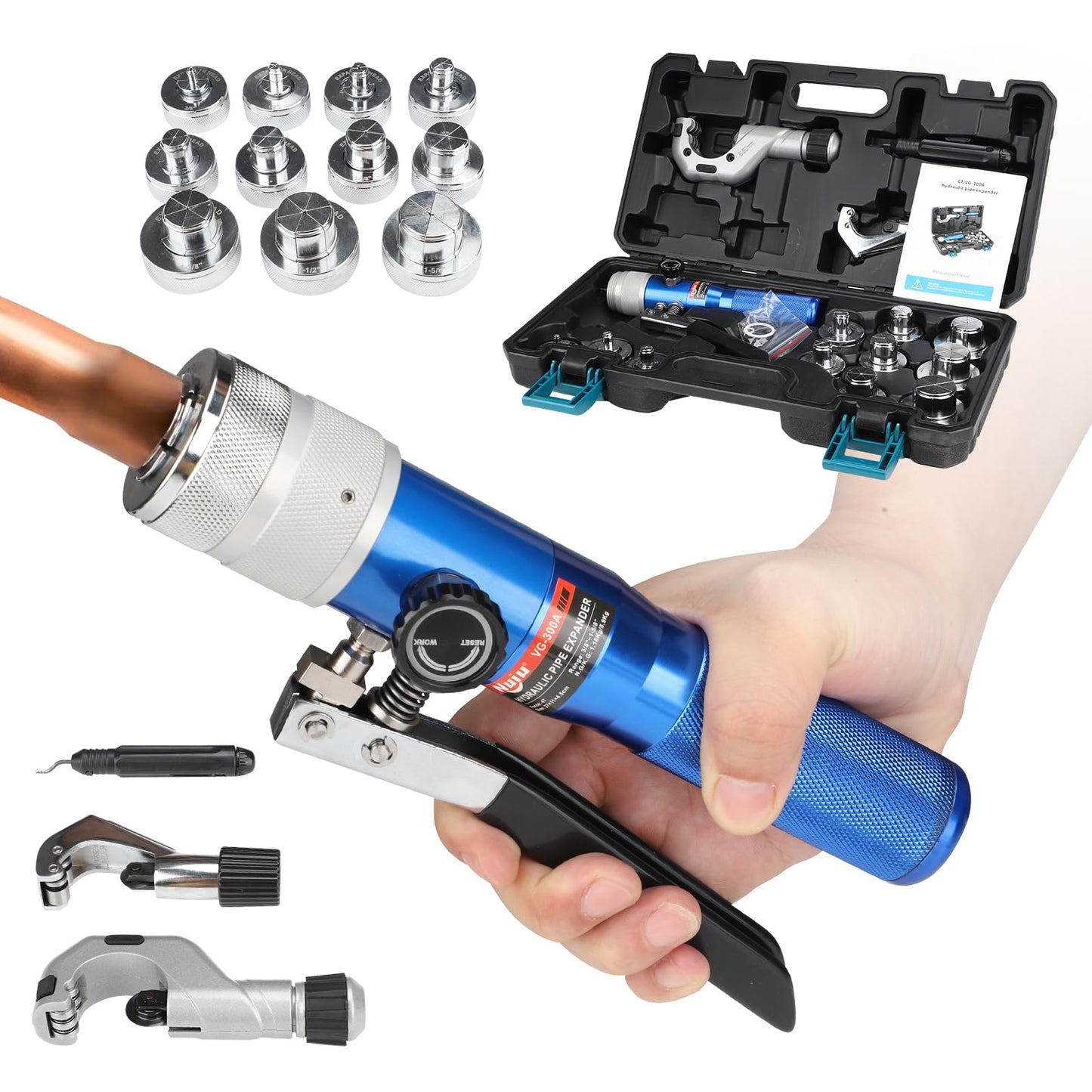 Nuiu VG-300A Hydraulic Pipe Expander Tool Kit, 4T Crimping Pressure with 11 Expansion Dies (3/8" to 1-5/8"), Aluminum Alloy Body for Plumbing, HVAC Copper Tube Fitting