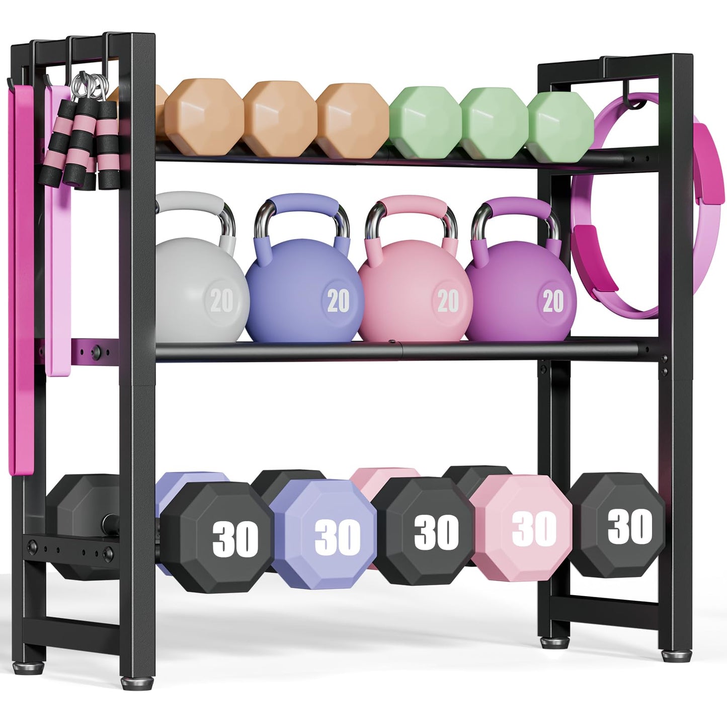 3-Tier Small Weight Rack for Home Gym, Adjustable Dumbbell Rack 450LBS Capacity with Side Hooks, Space Saving Workout Equipment Storage Organizer, Tool-free Assembly