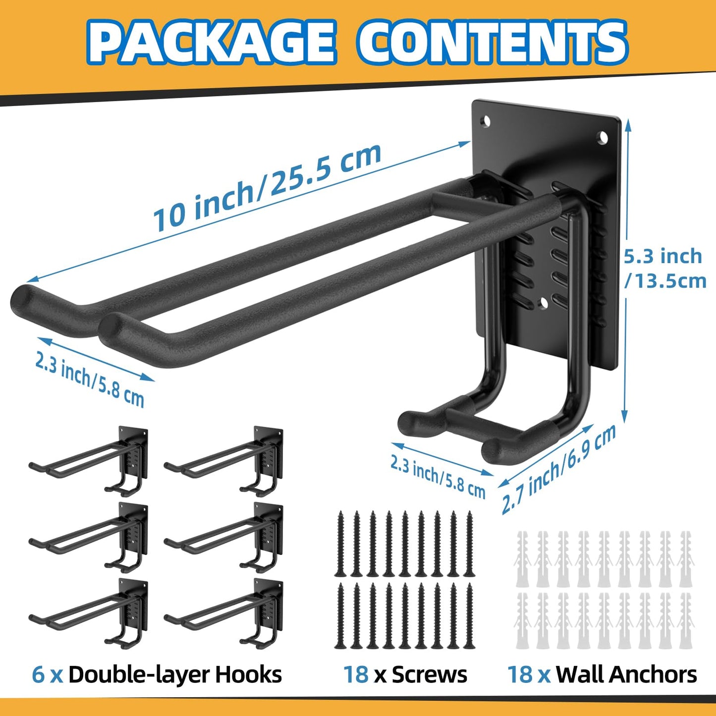 6 Pack Garage Hooks 10 INCH Heavy Duty Two-Tier Steel Shed Wall Mount Workshop Garage Storage Tool Organizer Hooks for Hanging Garden Tool, Hose, Ladder, Chairs, Bikes with Anti-Slip Coating