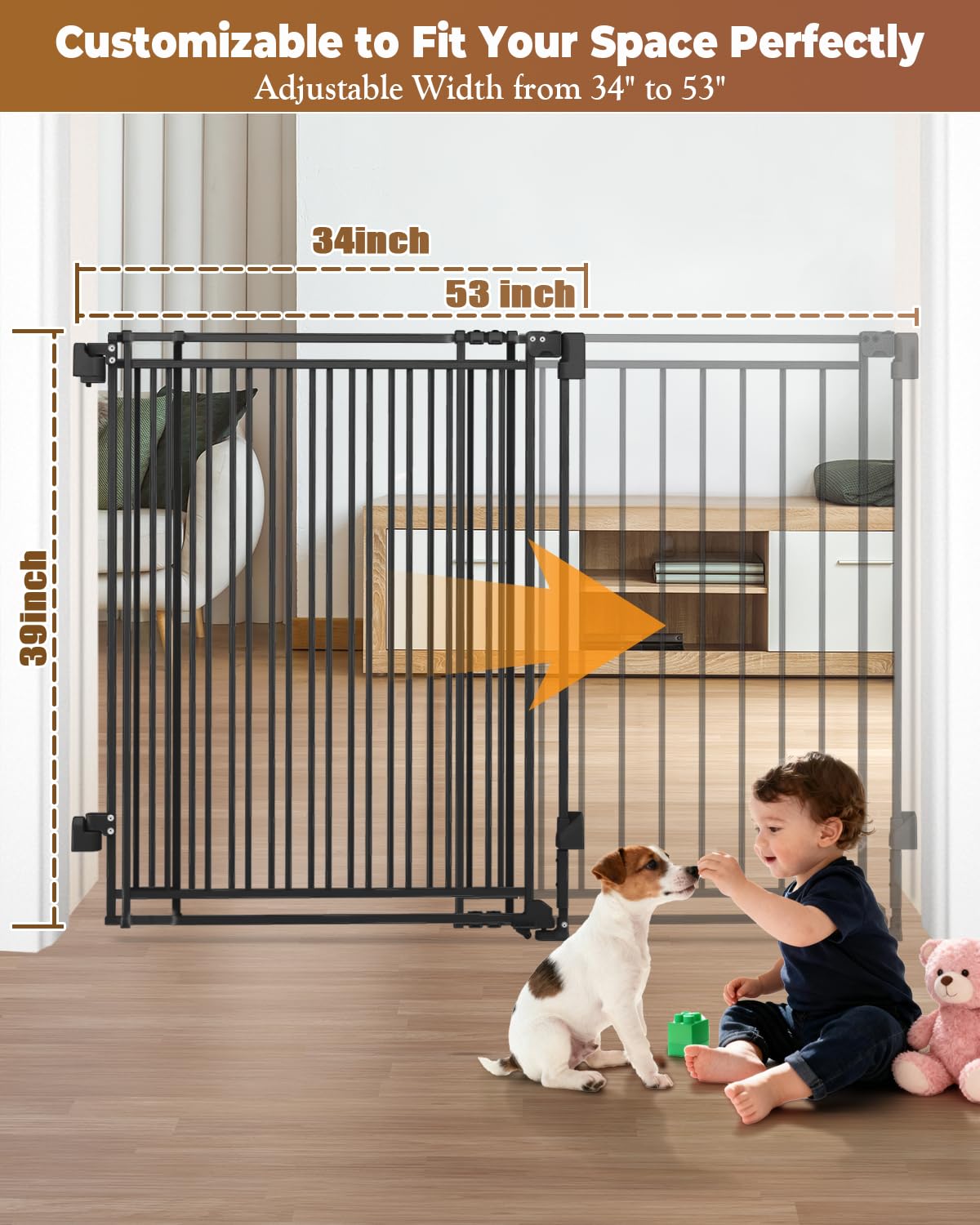 34-53" No Bottom Bar Baby Gates Dog Gate for Stairs, 39" Extra Tall Child Safety Gate with Auto Close Design, Large Walk Thru Door, Extra Wide Hardware Mount Pet Gate for Doorways Deck Indoor Outdoor