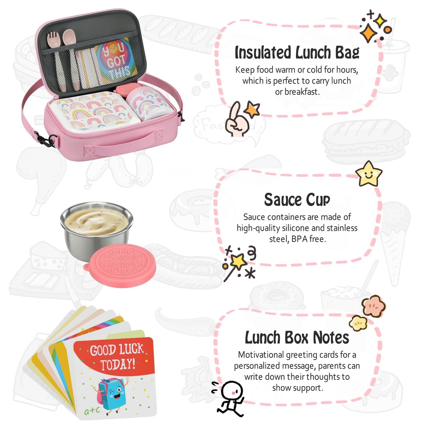 Itslife Bento Lunch Box Set for Kids with 12oz Soup Thermo&Lunch Bag, Leak-Proof Lunch Food Containers for Kids School, 5 Compartment, Sauce Cup, 10 Notes (Rainbow White)