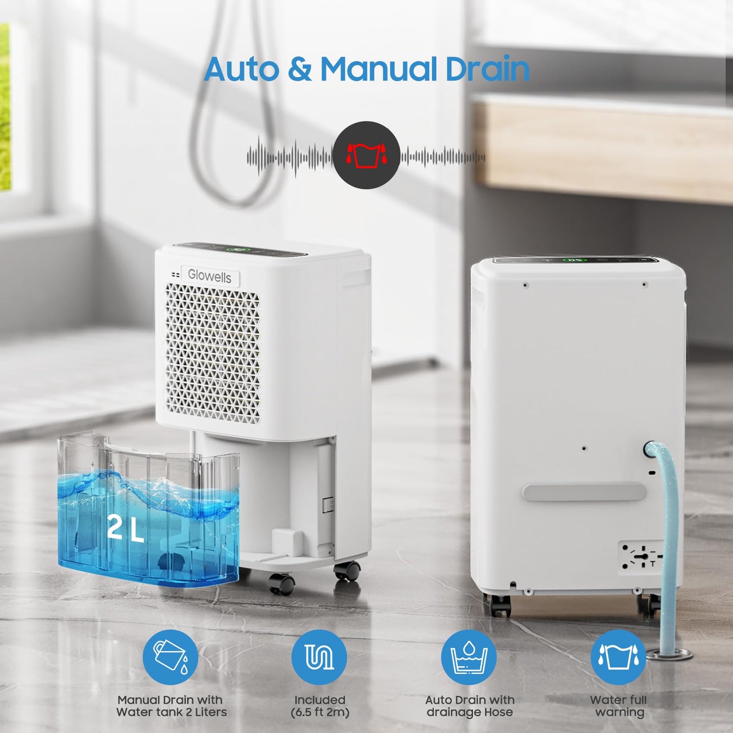 2500 Sq.Ft Dehumidifier for Basement with Drain Hose, Glowells 34 Pints Dehumidifiers for Home, Bathroom, Bedroom Large Room, RV, Three Modes, Quiet with Smart Compressor, Dry Clothes, 24H Timer