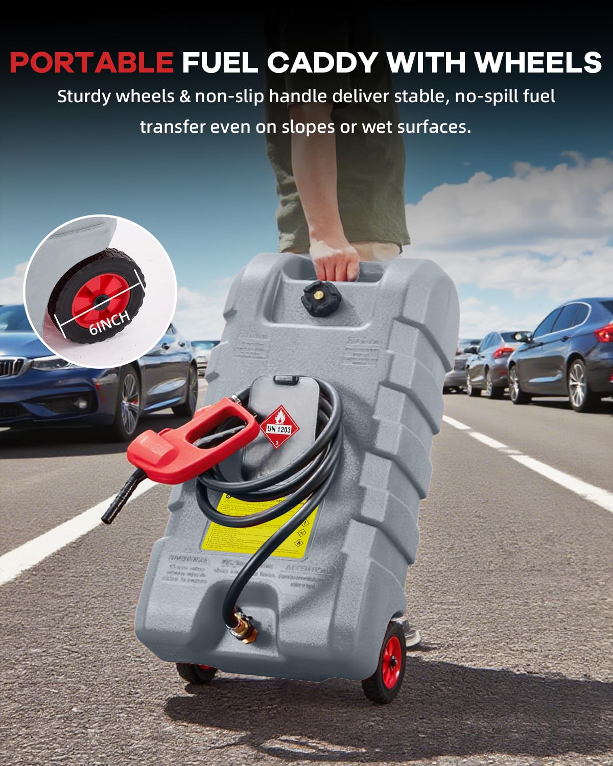 Garvee 15 Gallon Gas Caddy, Heavy-Duty Gas Can and Fuel Caddy with Manual Fuel Transfer Pump, Portable Fuel Tank on Wheels with 10 ft Hose for Lawn Mowers, Cars, Boats, ATVs, Home and Farm Use, Grey