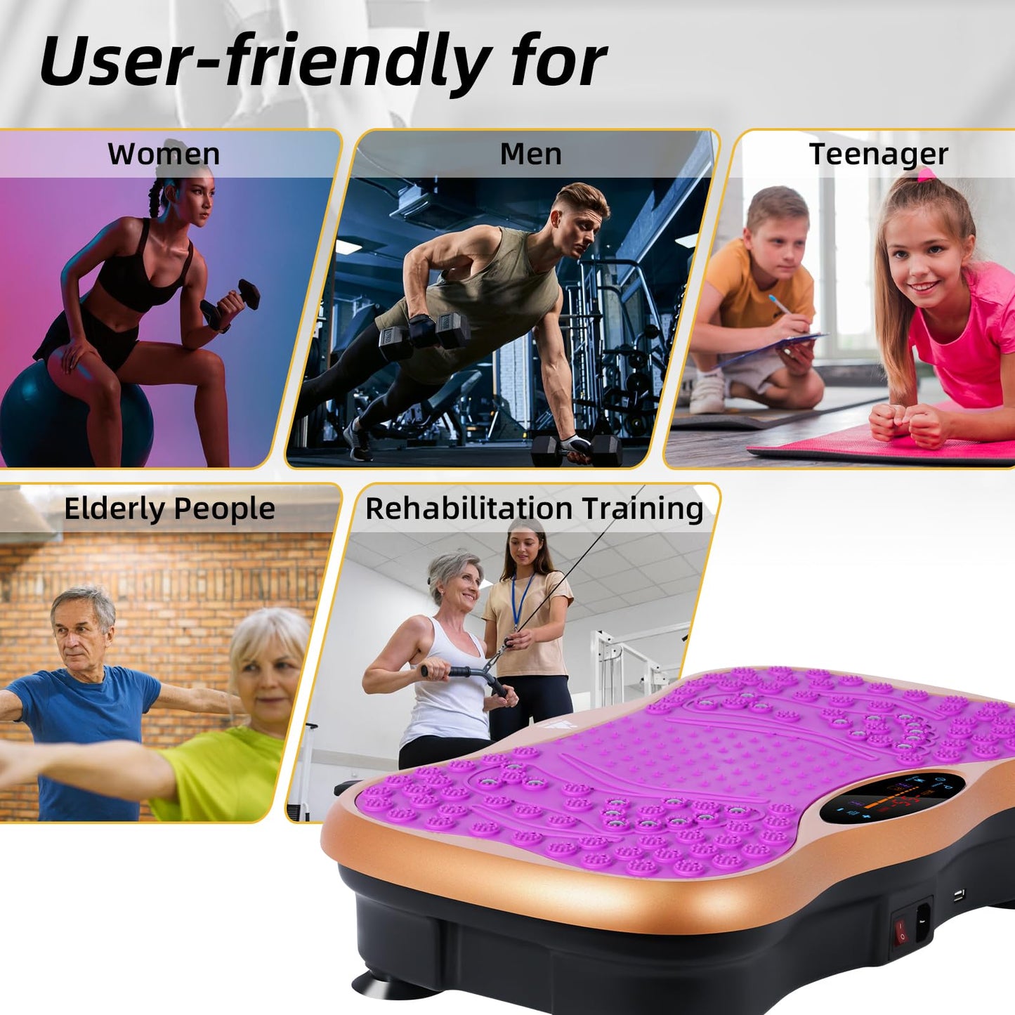 Himaly Vibration Plate Machine, Vibration Fitness Trainer with Bluetooth Speaker, 5 Program Modes, 2 Resistance Bands, Home Exercise Equipment for Fitness Body Toning Black and Purple