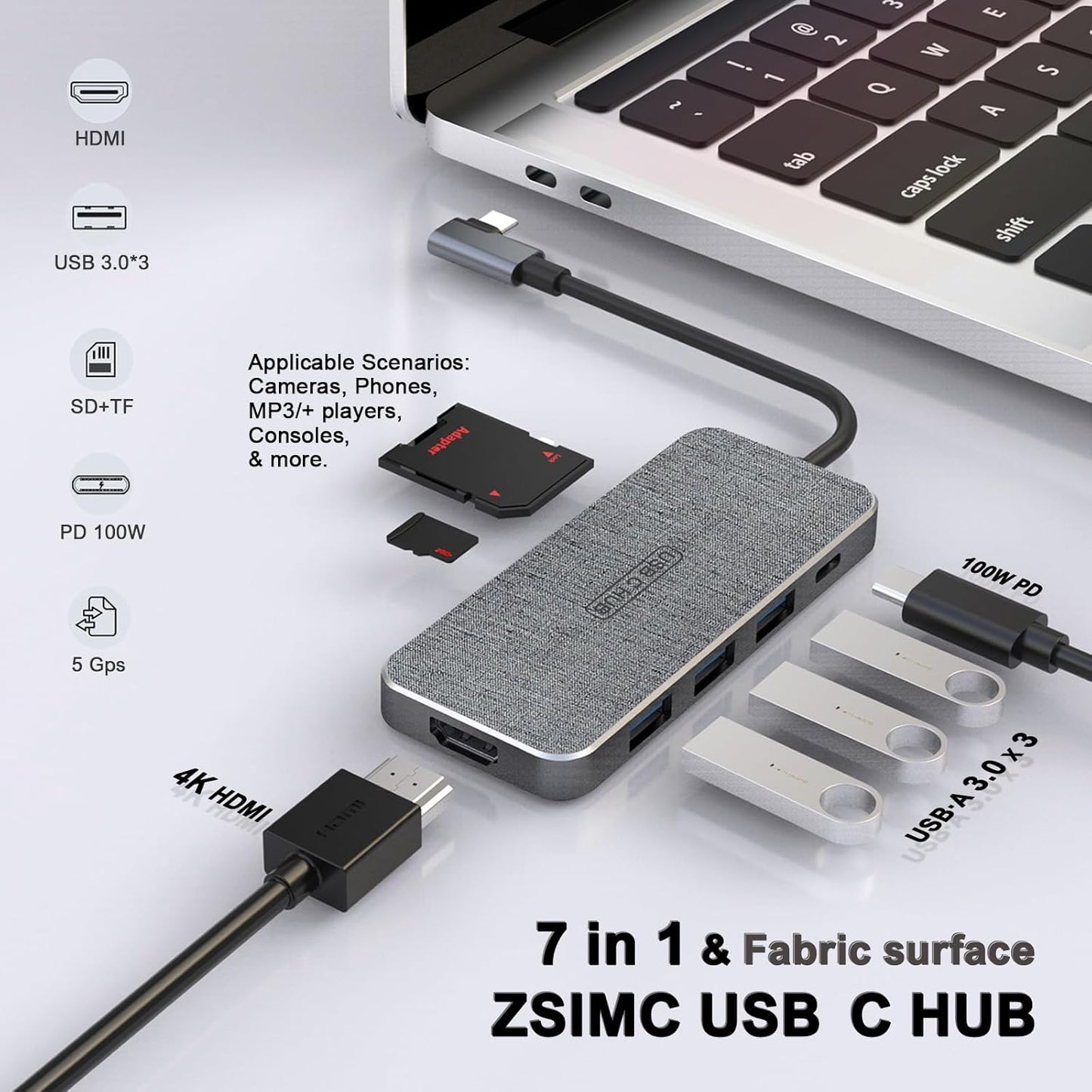 ZSIMC 7-in-1 4K 100W 3 3.0 6, USB C Hub, Docking Station Multiport Adapter with HDMI, Power Delivery, USB Ports, SD/TF