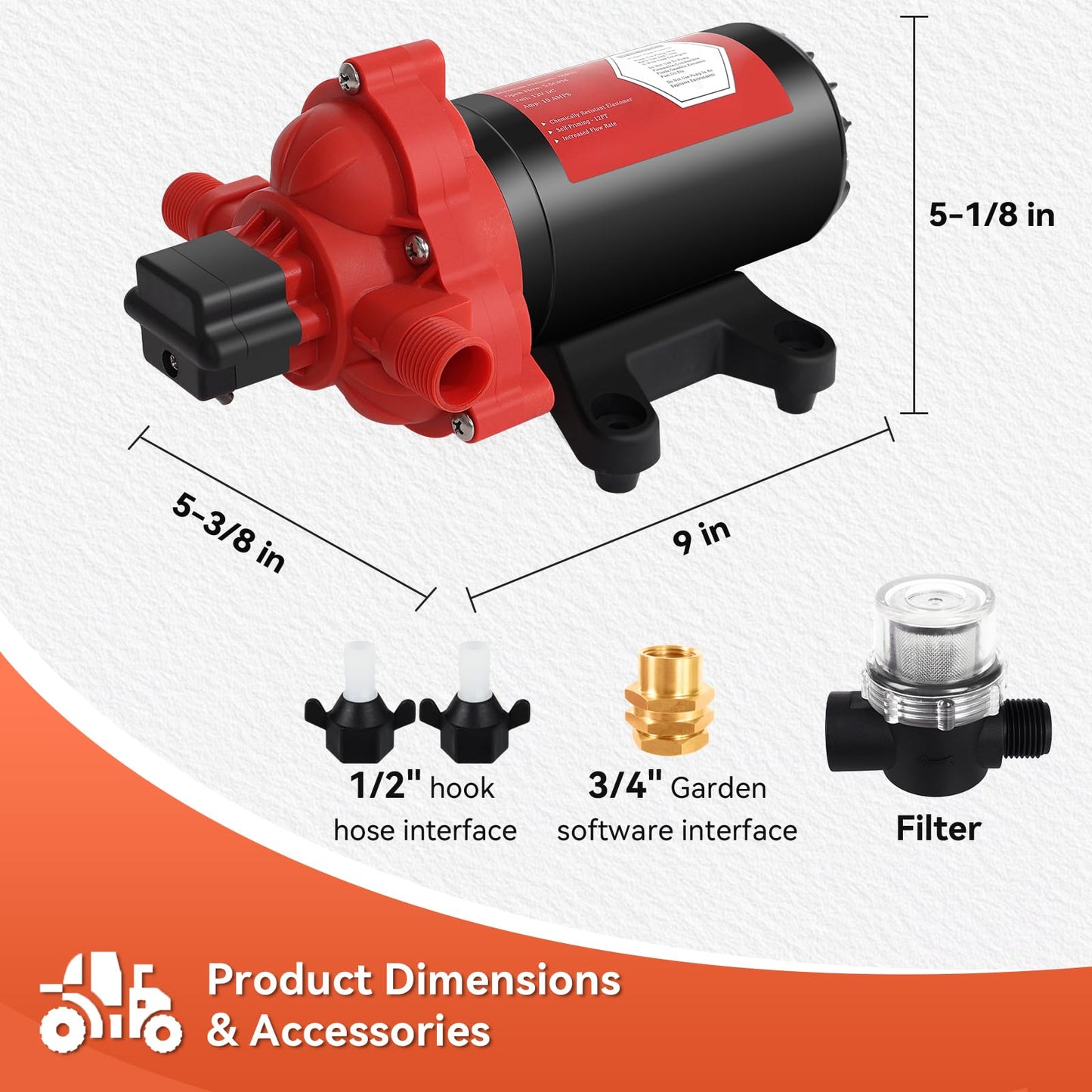 12V Sprayer Pump, 5.4gpm-10amp-60psi, Chemical and Corrosion Resistant, Compatible with Roundup, Diaphragm Pump with Pressure Switch and Self-Priming for Agricultural Spraying, Rv, Boats, Etc