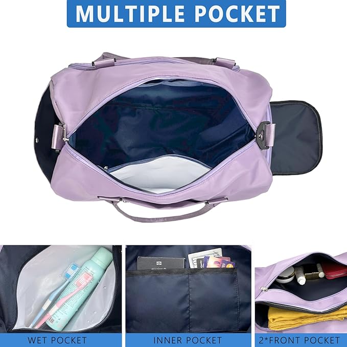 woogwin Small Gym Bag for Men & Women with Shoes & Wet Compartment Waterproof Duffle Bag for Travel Sports Workout Overnight Weekender (17.7'',Purple)