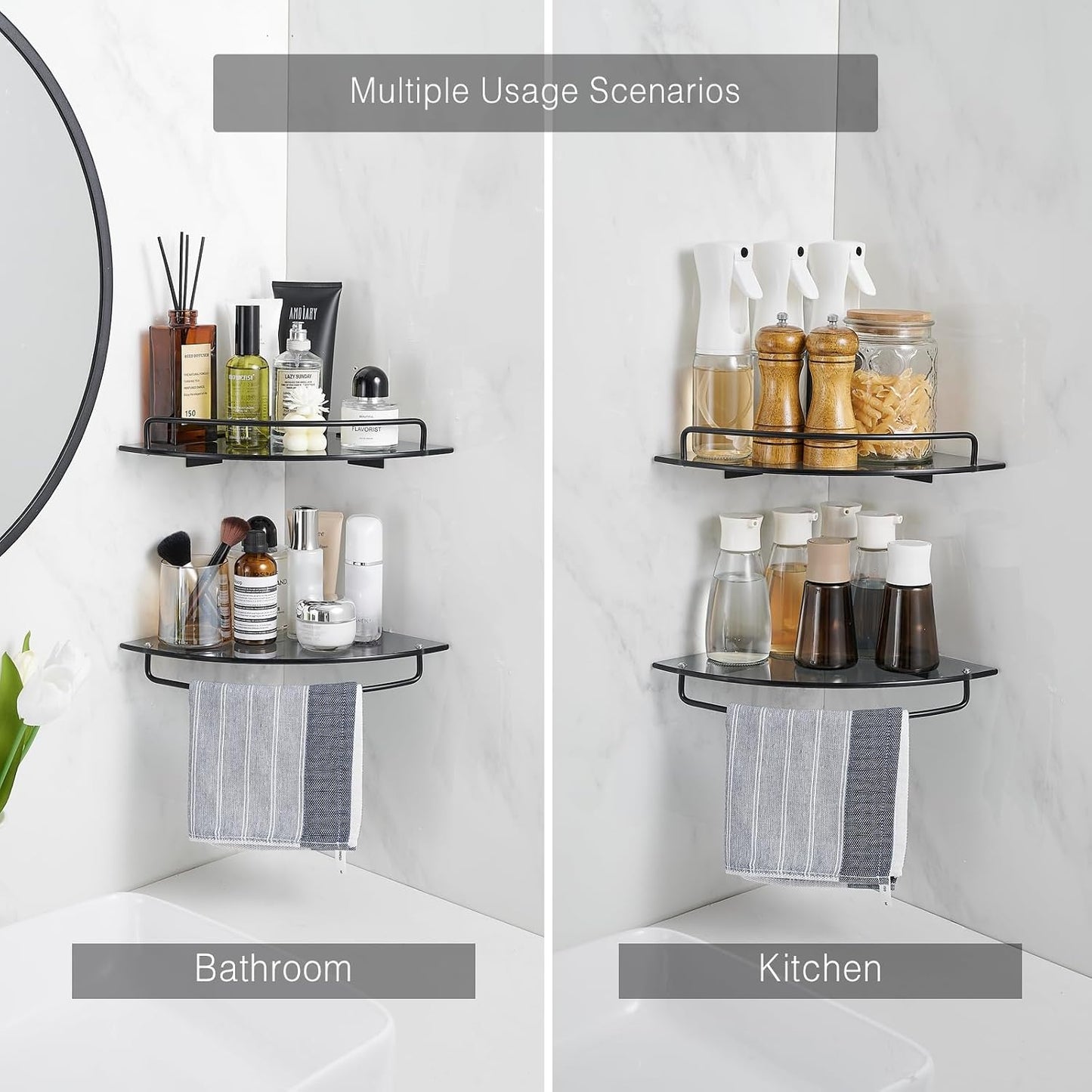 2 Pack Voldra Glass Corner Shower Caddy, Adhesive Corner Shower Shelves for Inside Shower No Drilling, Tempered Glass