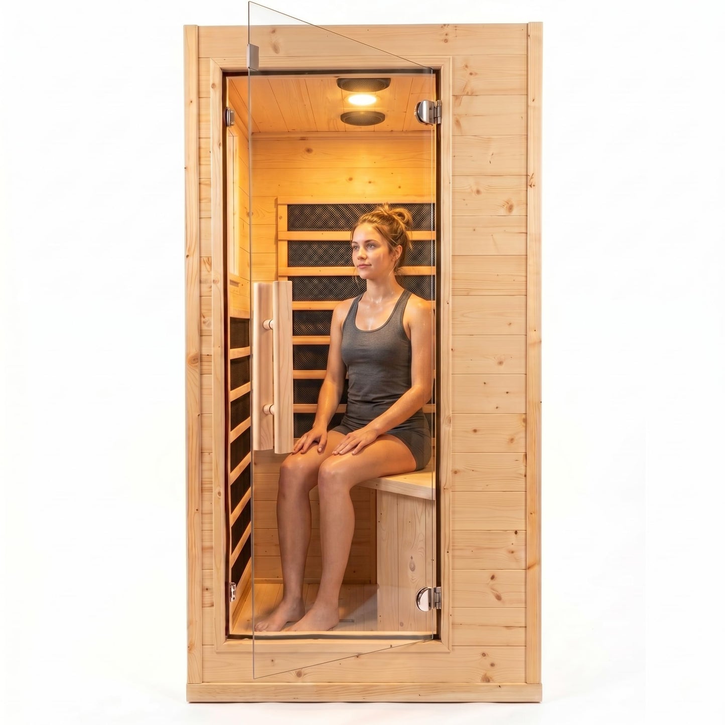 DWKWE 1 Person Low EMF Far Infrared Sauna, Natural Spruce Wood Compact Home Sauna, 1200W 110V, Bluetooth & Reading Light, 6mm Tempered Glass, Small Space Personal Sauna