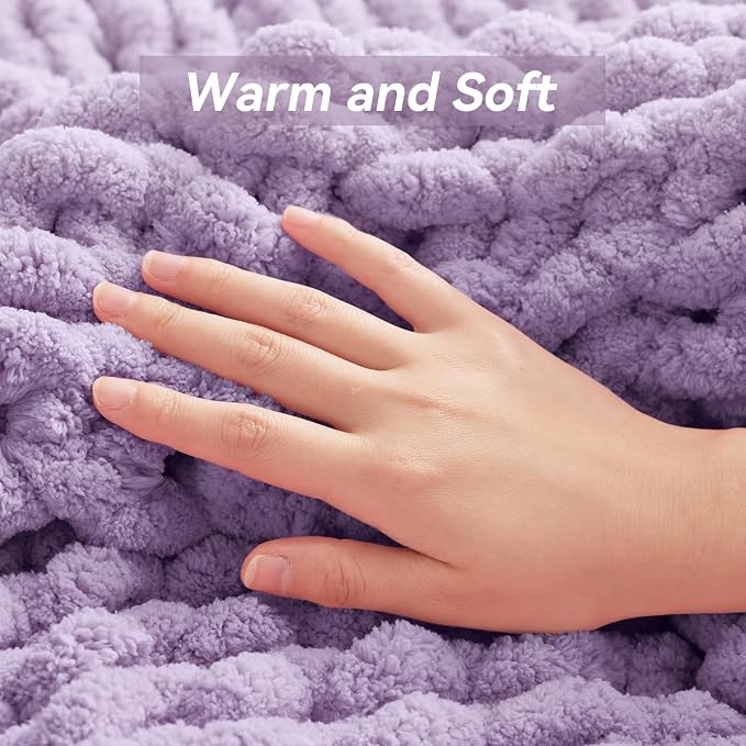 Negwoo Chunky Knit Throw Blanket, 80''*90'' Knitted Throw Chenille Yarn for Bed Couch, Handmade Light Purple Crochet Big Thick Blanket, Machine Washable Cute Comfy Blanket for Home Decor