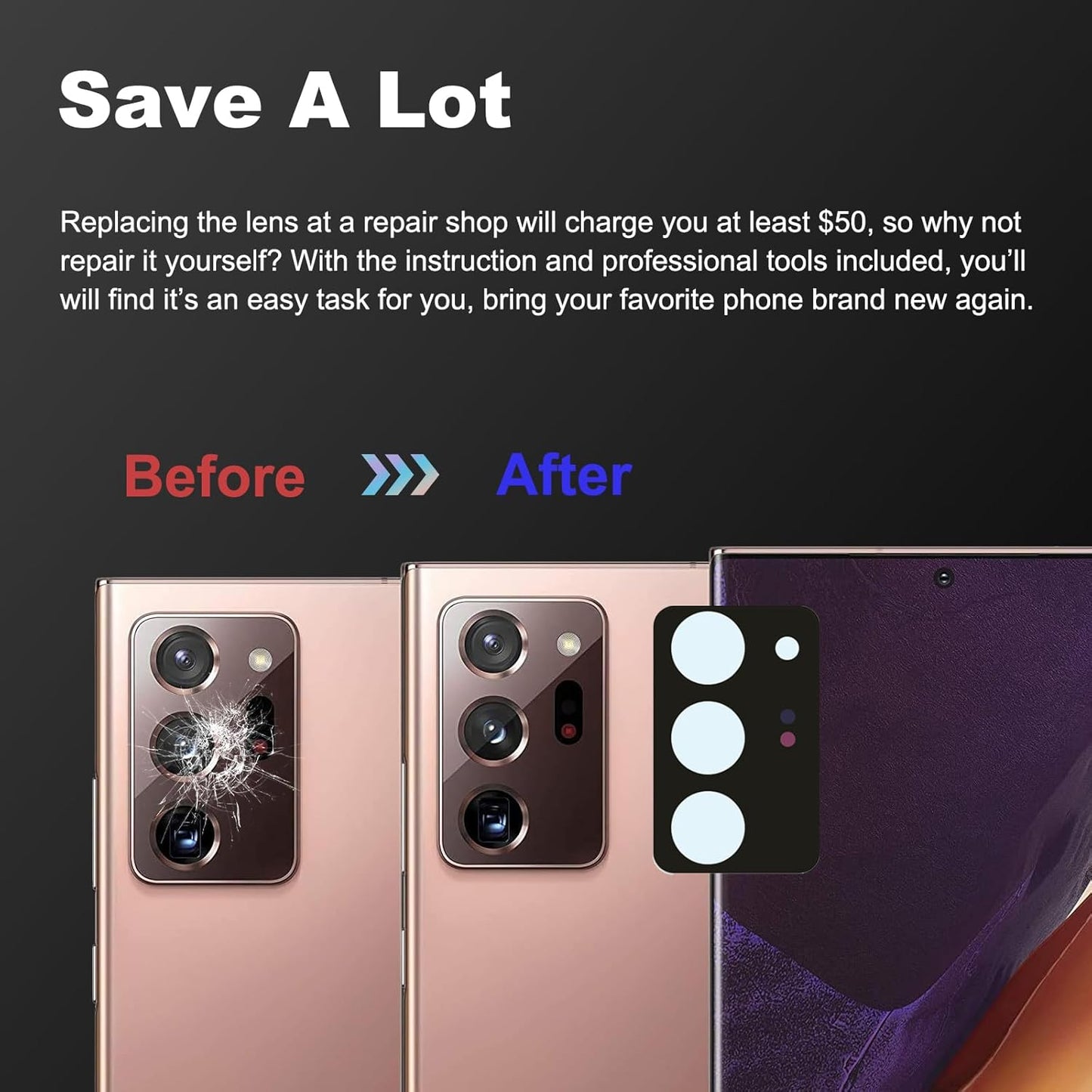 BATLABB 3PCS 20 for Galaxy Note Ultra Rear Camera Lens Glass Replacement Kit, with Tools & Instruction, Bronze