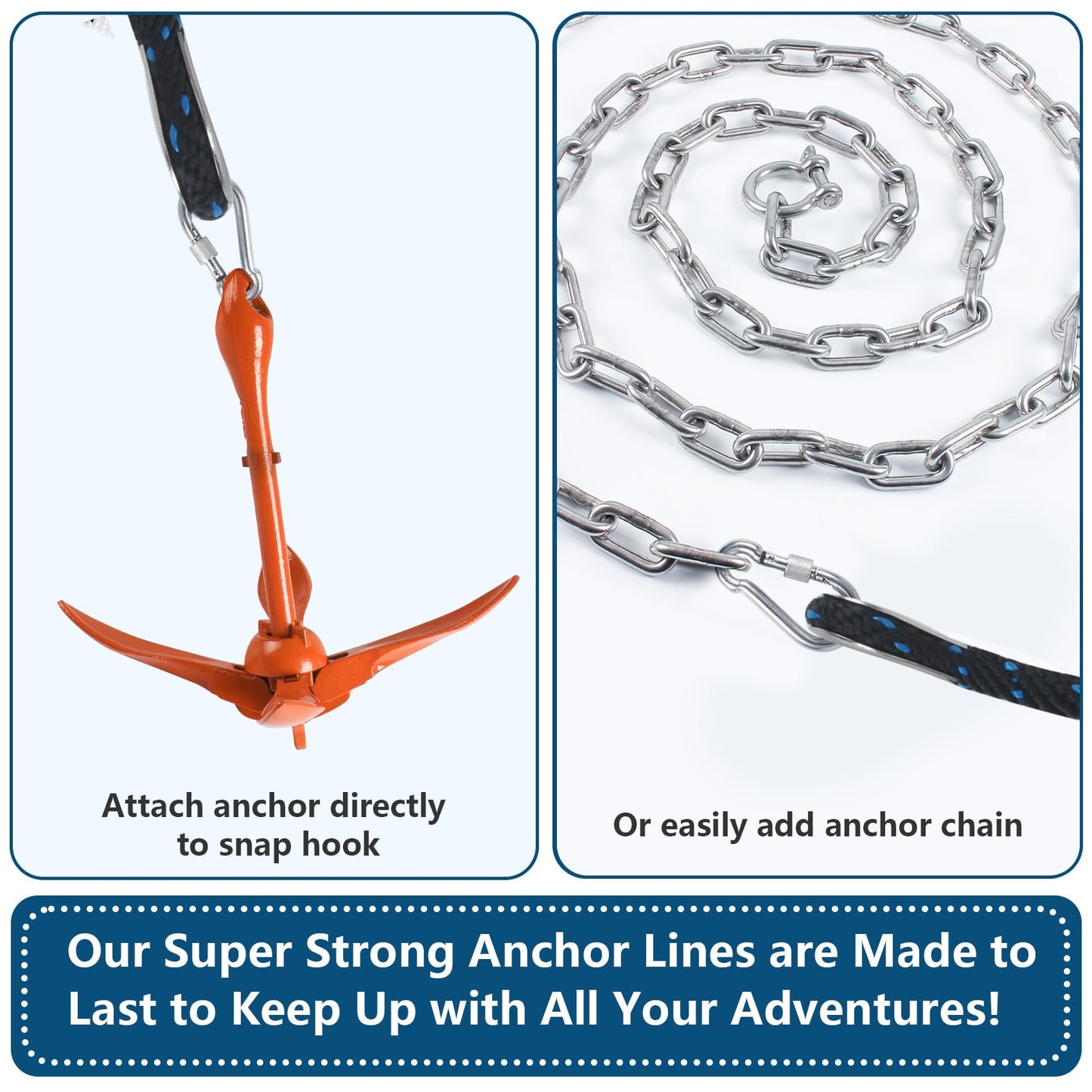 1/2 Inch 50 FT Anchor Rope, Boat Anchor Rope Solid Braid MFP, Anchor Line with 316 Stainless Steel Thimble and Snap Hook - Black & Lake Blue