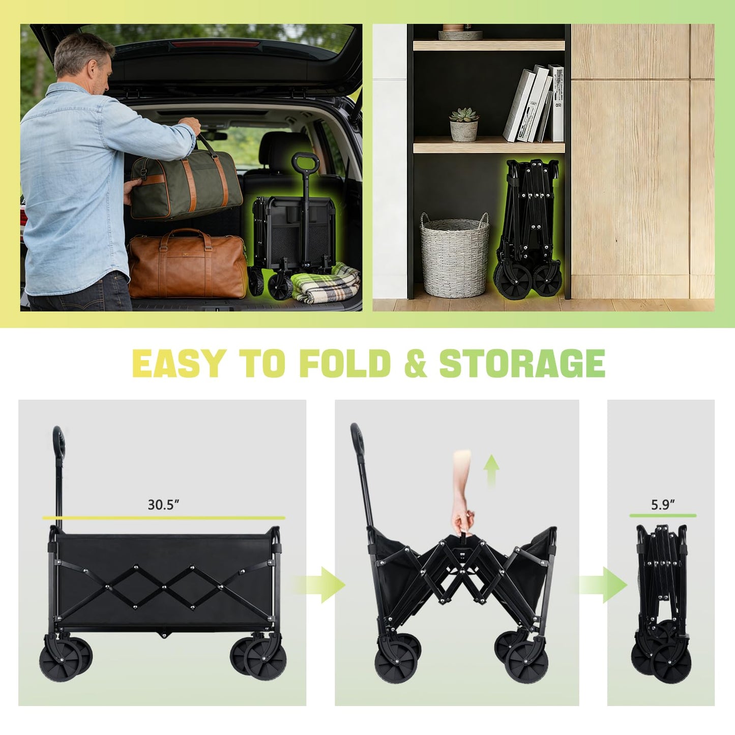 100KG Collapsible Foldable Wagon Carts - Heavy Duty Portable Folding Utility Wagons with All-Terrain Wheels for Grocery Sports Shopping Camping Garden Beach, 2 Drink Holders/Lightweight/Black