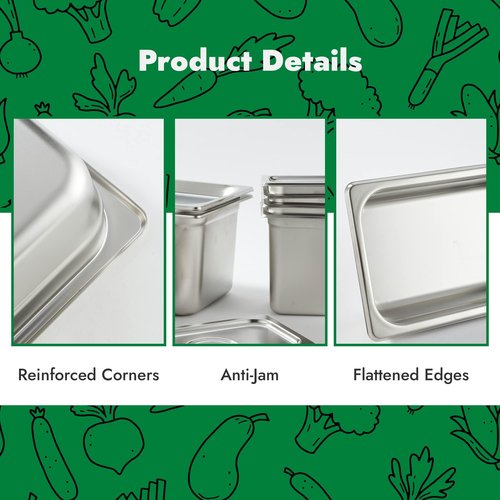 HECMAC 6 Pack Anti-Jam Hotel Pans, 1/3 Size 4 Inch Deep, Commercial Stainless Steel Chafing Steam Table Pan, Catering Storage Metal Food Pan, 23 Gauge