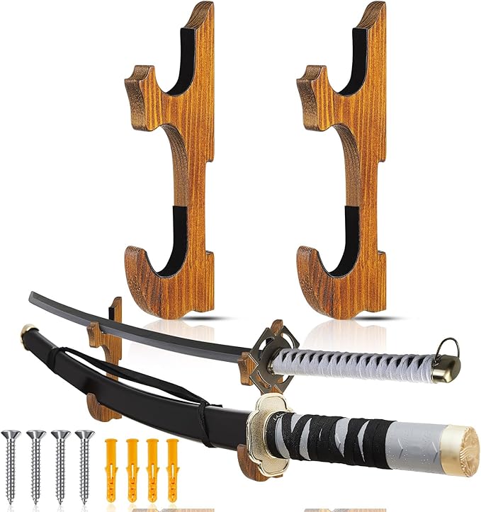 Chunful 2 Pcs Sword Wall Mount Sword Holder Katana Stand 1 Tier Hanger Adjustable Wooden Mounts for Samurai (7.01 x 2.3 x 1.22 Inches,Old Brown)