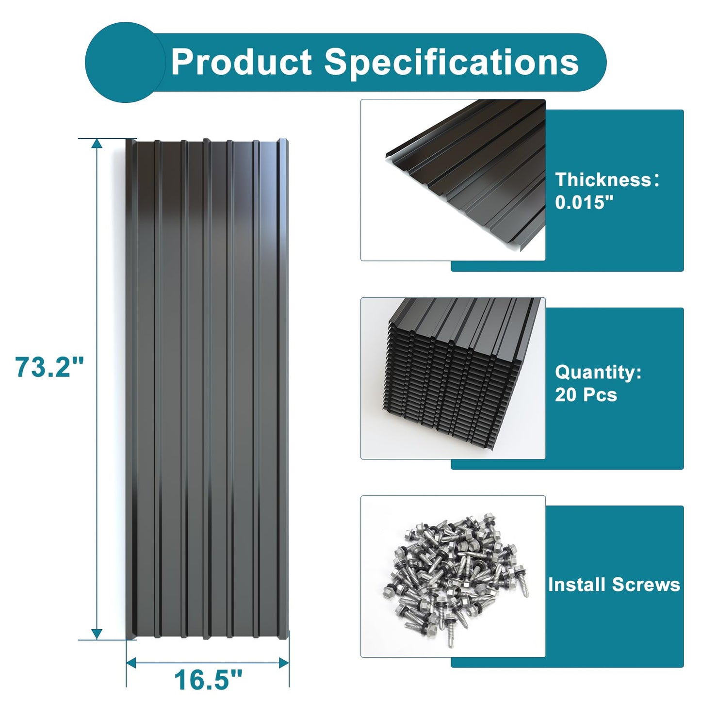 NeatiEase 20 Pcs Metal Roofing Panels, 6.1 Feet Corrugated Galvanized Roofing Panels Metal Siding Panels with Steel Screws for Pergola, Gazebo, Shed, Outdoor Storage, Chicken Coop,Garages (Black)