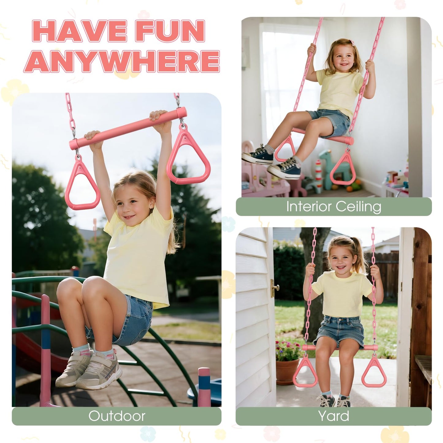 LadyRosian 17" Trapeze Bar Swing Set Gym Rings 47" Heavy Duty Chain Swing Set Accessories with Locking Carabiners Plastic Coated Chains Monkey Bars for Backyard, Playroom (Pink)