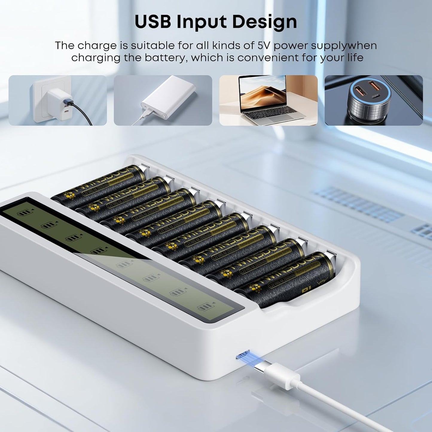 TWINSDUCK 8-Slot AA AAA Battery Charger, Smart LCD Display & Fast Charging for NiMH/NiCd (Micro USB Powered)