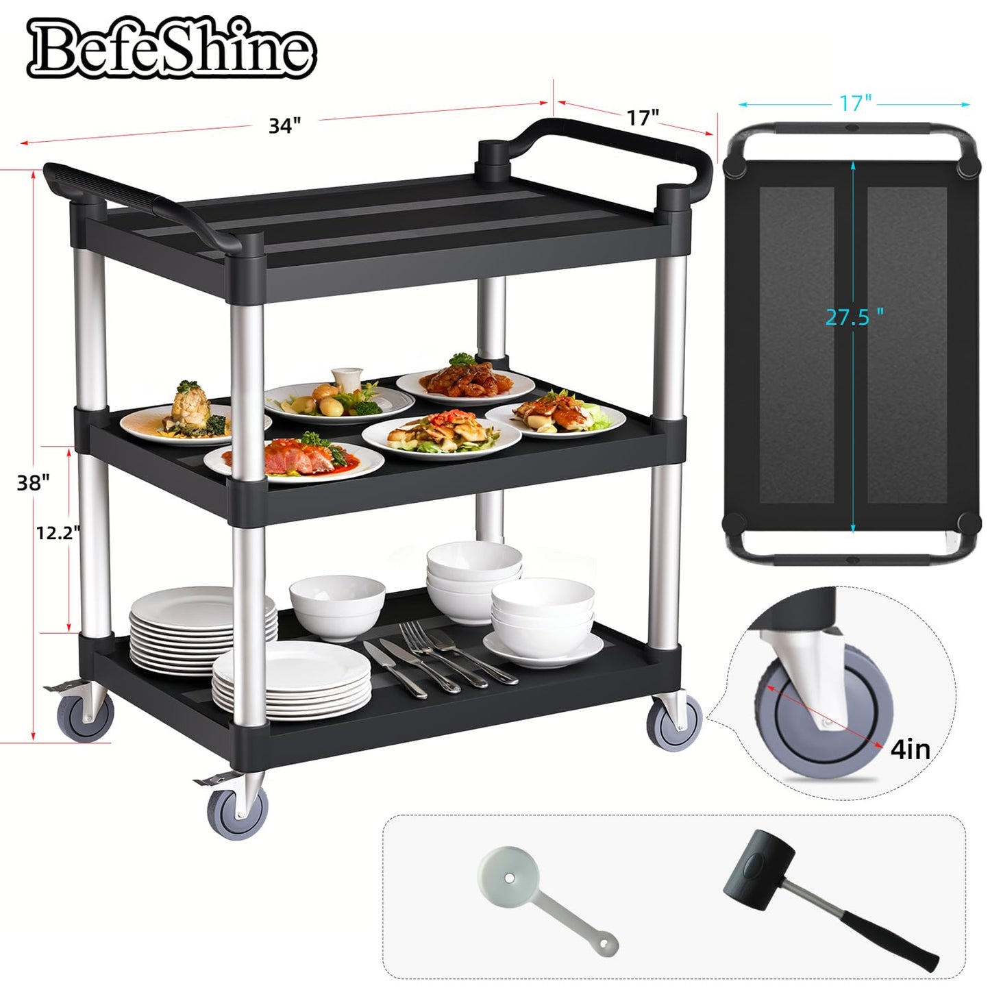 Utility Cart with Tangle-Free Wheels, 3 Tier Rolling Cart with Wheels(2 with Brakes), Heavy Duty 350 Lbs Capacity,Commercial Serving Cart for Home, Office, Restaurant, Warehouse.34 L x 17" W x 38" H
