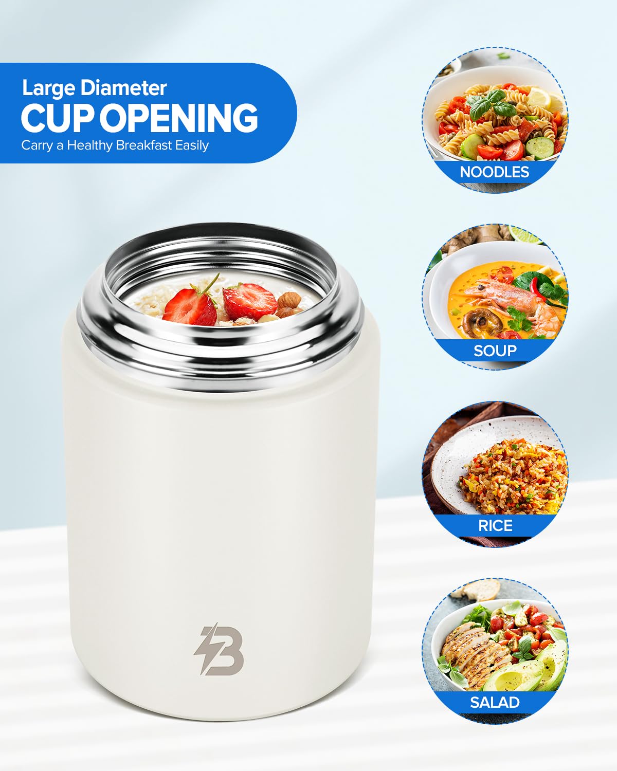 TSAKBAM Thermo for Hot Food,17OZ Wide Mouth Insulated Food Container with Spoon & Handle, Stainless Steel Hot Lunch Box for Adults (White)