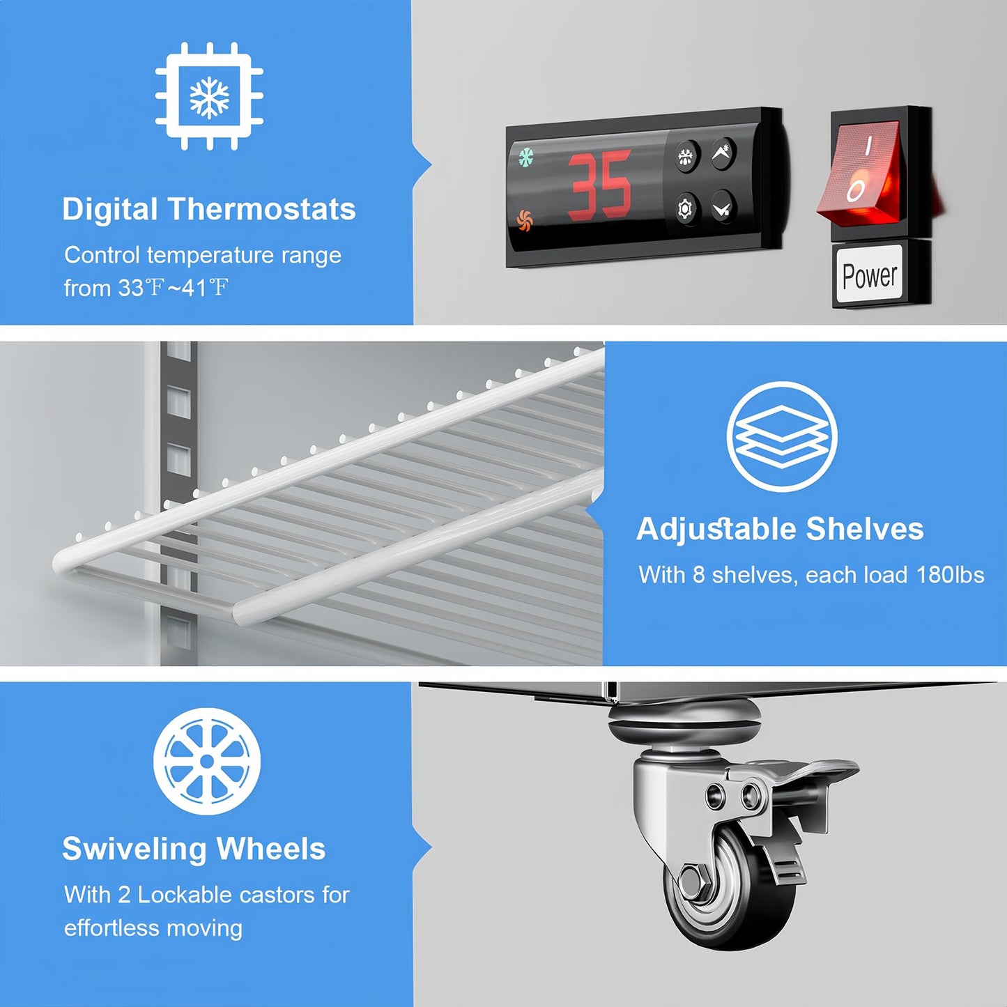 48"W Commercial Freezer 4 Door Stainless Steel Reach-in Solid Door Upright Fan Cooling 36 Cu.ft 2 Section Freezer -8-1°F for Restaurant, Bar, Shop