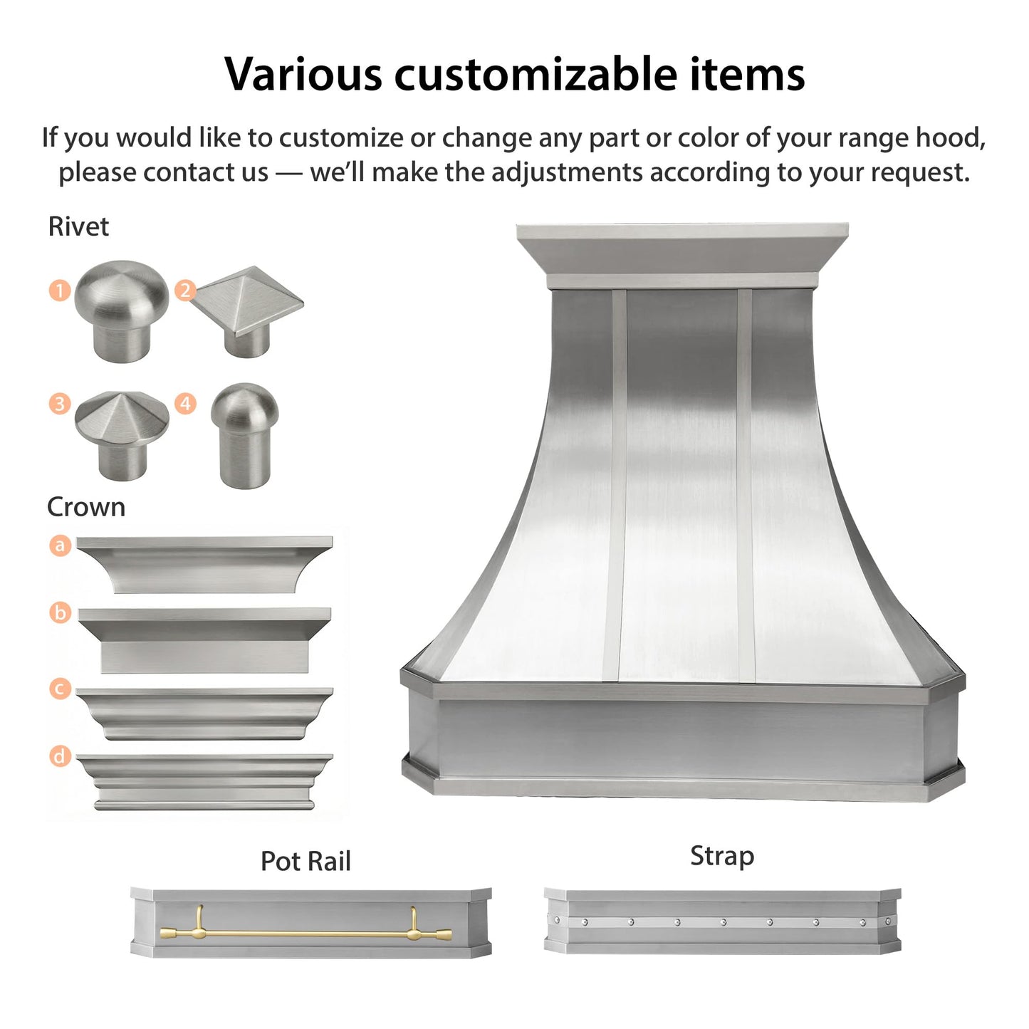 NAUXUS Custom Stainless Steel Range Hood, Handmade Kitchen Hood with Powerful Range Hood Insert, Classic Stove Vent Hood with Straps & Rivets,HSW200C#