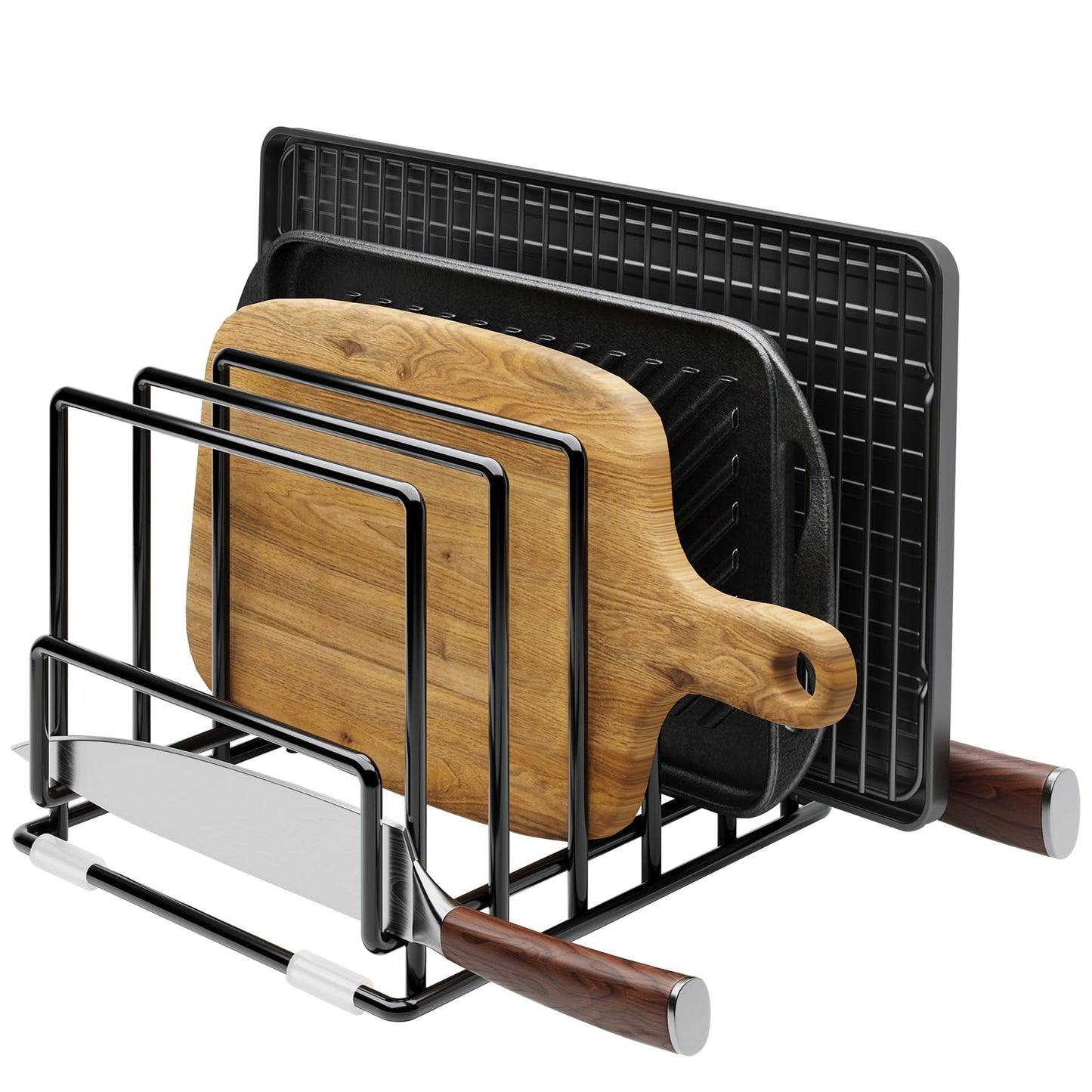 Cutting Board Organizer Rack with 7 Compartments, Heavy-Duty Iron Pan and Baking Sheet Organizer, Kitchen Cabinet Storage Rack with Non-Slip Base, Space-Saving Pot Lid Holder for Countertop & Pantry