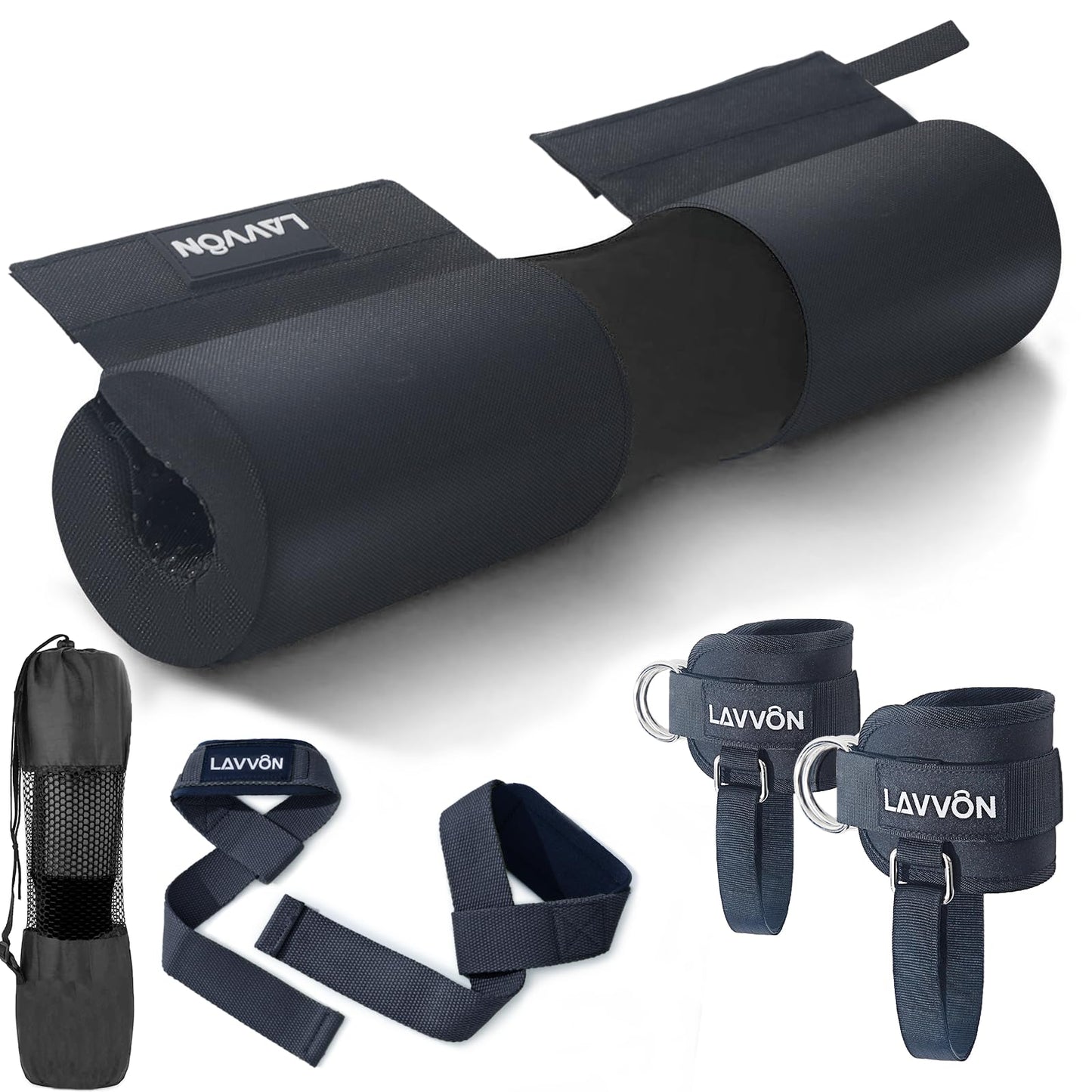 Barbell Squat Pad Set Nylon Padding AntiSlip- Thick Foam Barbell Pad for Squats Cushion,Lunges&Bar Padding for Hip Thrusts -Standard Weight Bar Pad -With Wrist Straps Weightlifting (Ankle-Black)