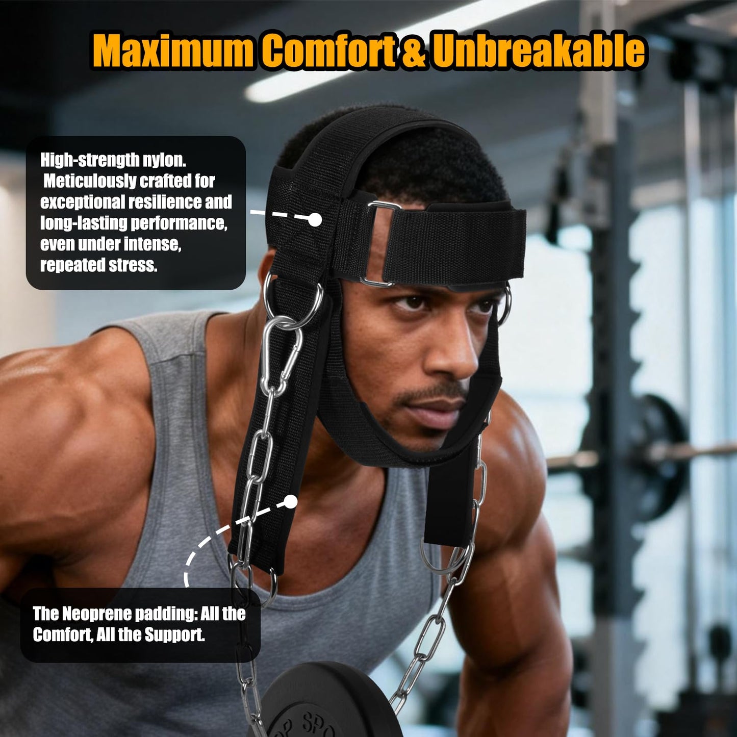 Neck Harness Weight Lifting, Portable Neck Exerciser for Neck Muscle Builder and Pain Relief, Adjustable Soft Padded Chin & Head Strap, Heavy Duty Stainless Steel Chain