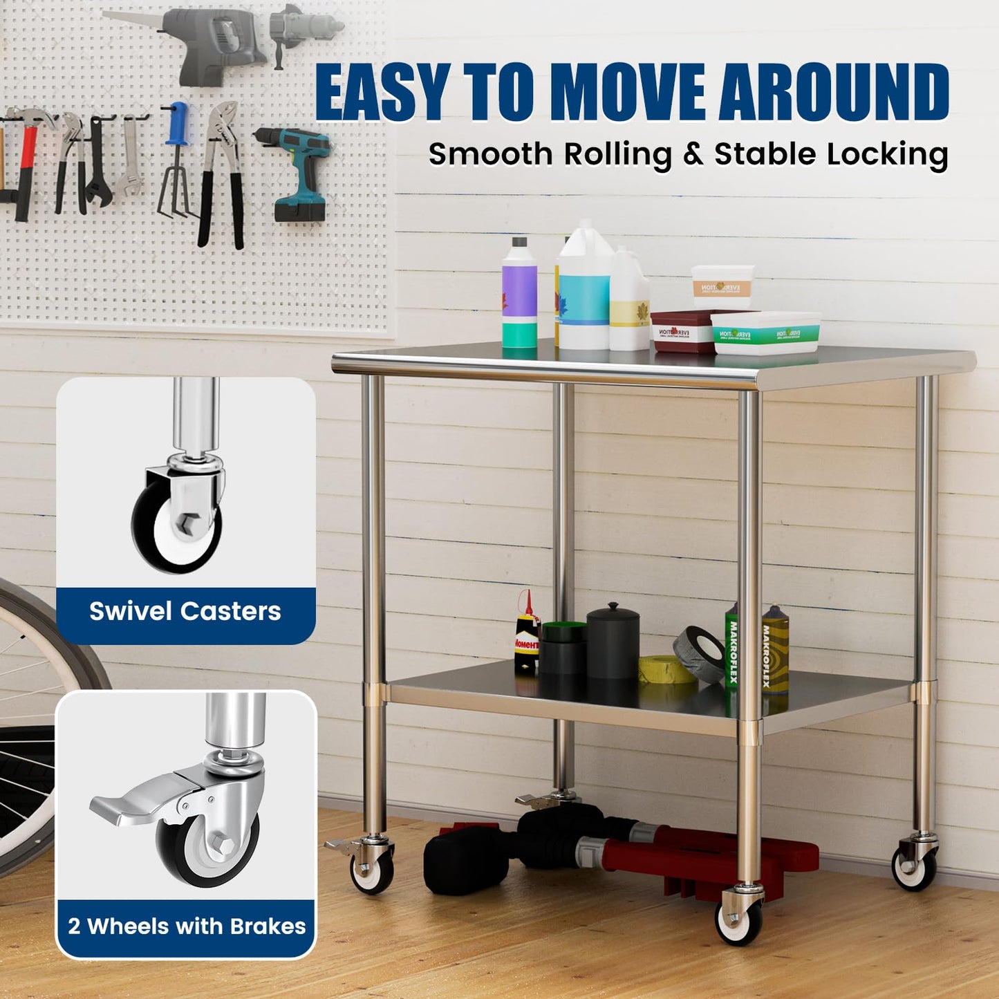 Chingoo Stainless Steel Work Table with Wheels, 30x36 Inch NSF Kitchen Prep Table with Adjustable Undershelf for Commercial Restaurant, Garage, Outdoor BBQ