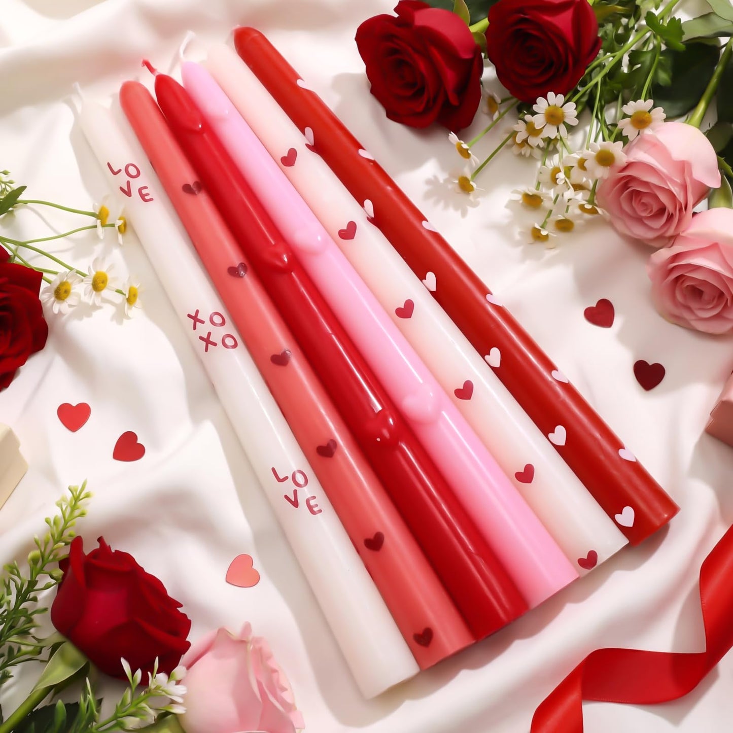 Threlaco 6pcs Pink Red Heart Taper Candle Set 10 Inch Valentine's Candle Sticks Valentines Decorative Candles Long Unscented Candlesticks for Valentine's Day Party Table Anniversary Wedding Decor