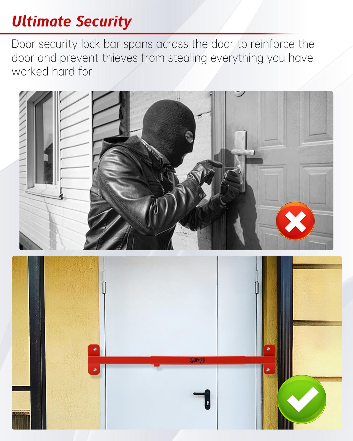 Adjustable Door Security Lock Bar, Commercial Shed Outswing Door Security Bar Fit for 32" to 42" Exterior Opening Door, Anti-Theft Barricade Lock for Jobsite Office, Warehouse, Trailer Door