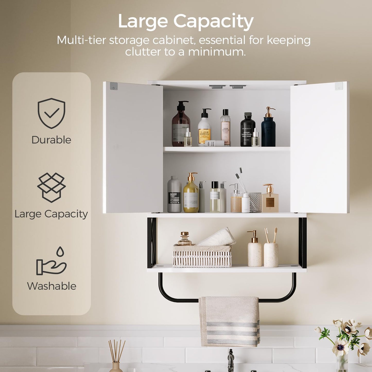 MAHANCRIS Bathroom Wall Cabinet with 2 Door and Adjustable Shelf, Farmhouse Medicine Cabinet with Towel Rack, 3-Tier Wall Mounted Storage Cabinet Over The Toilet for Bathroom, 18.9" L, White
